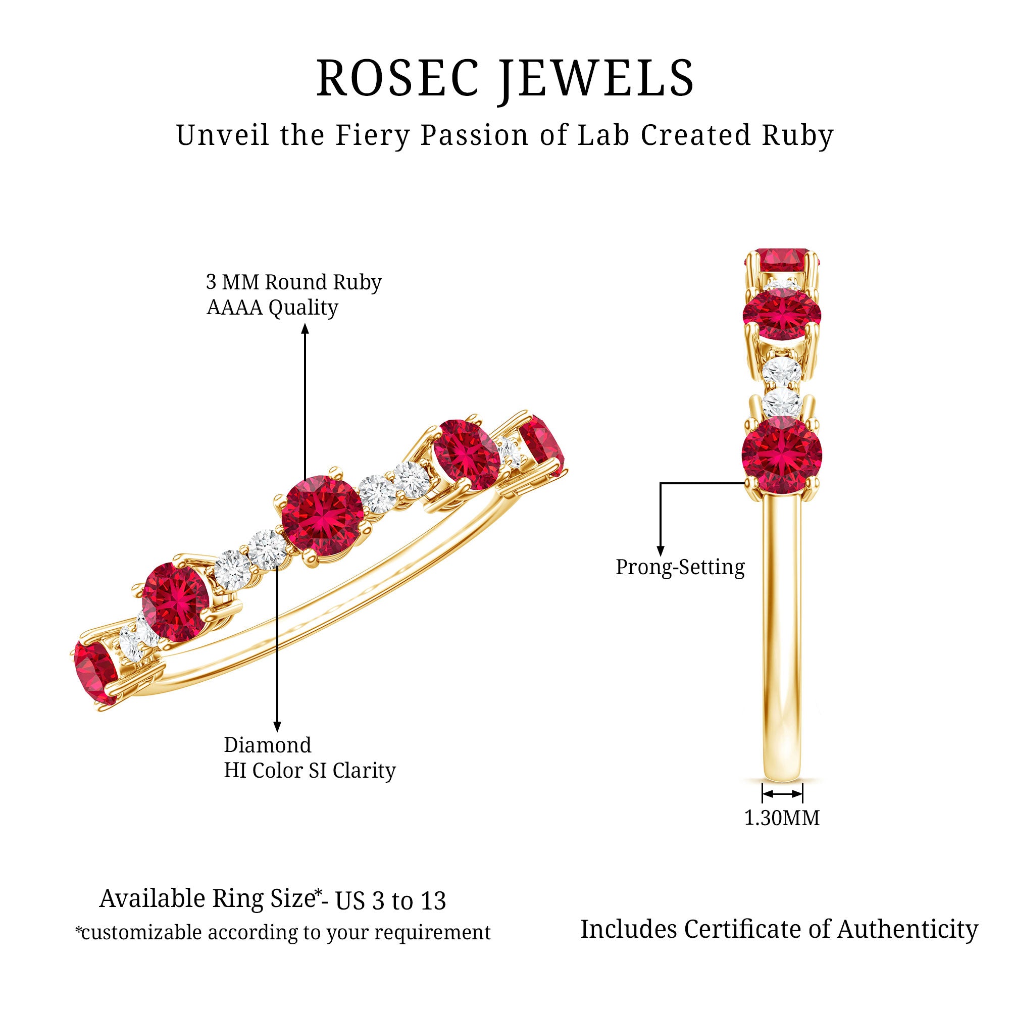 Lab Created Ruby and Diamond Half Eternity Stackable Ring AAAA - Rosec Jewels