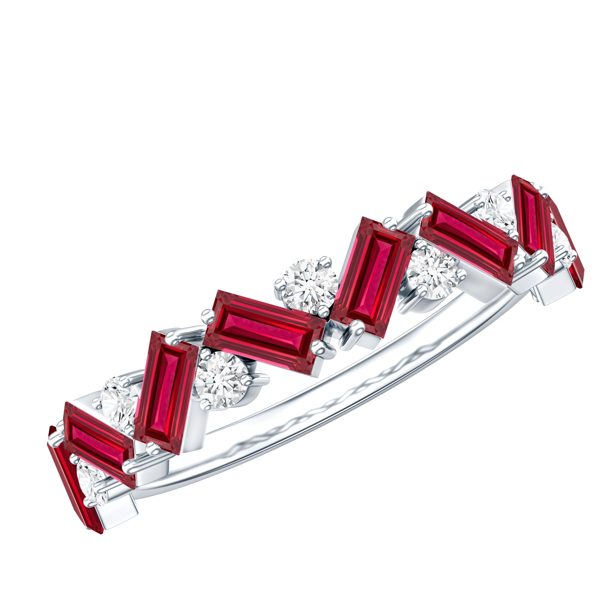 Baguette Shape Lab Grown Ruby Half Eternity Band with Diamond AAAA - Rosec Jewels