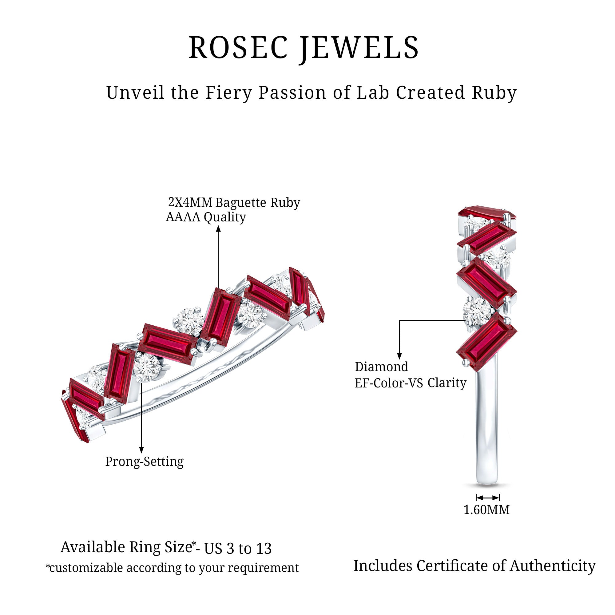 Baguette Shape Lab Grown Ruby Half Eternity Band with Diamond AAAA - Rosec Jewels
