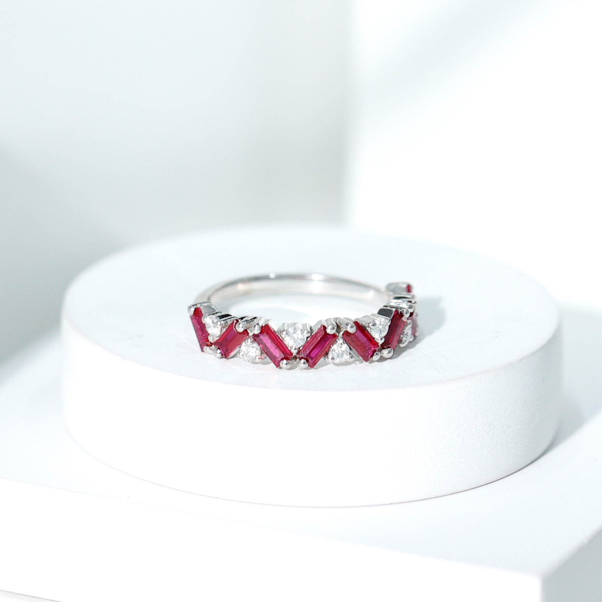 Baguette Shape Lab Grown Ruby Half Eternity Band with Diamond AAAA - Rosec Jewels