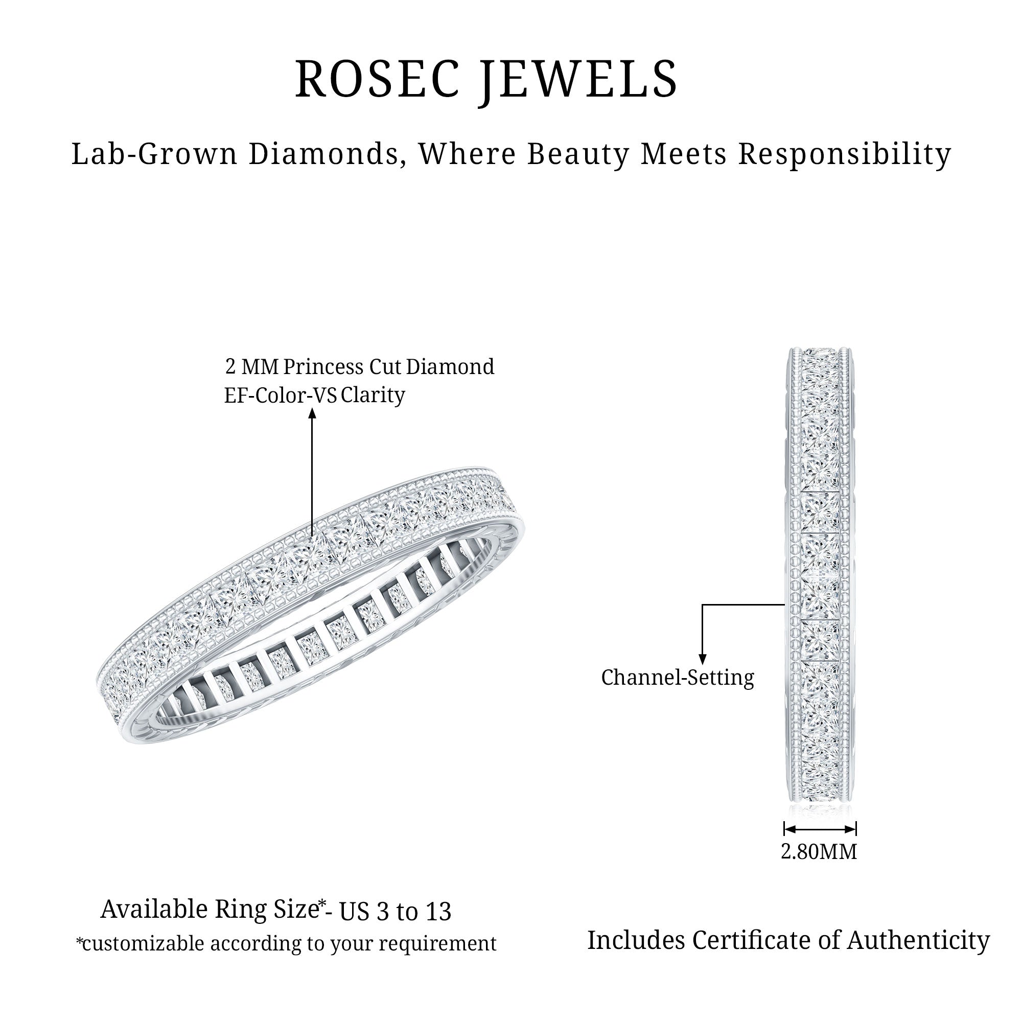 Certified Princess Cut Lab Grown Diamond Eternity Wedding Band Lab - ( EF-VS ) - Rosec Jewels