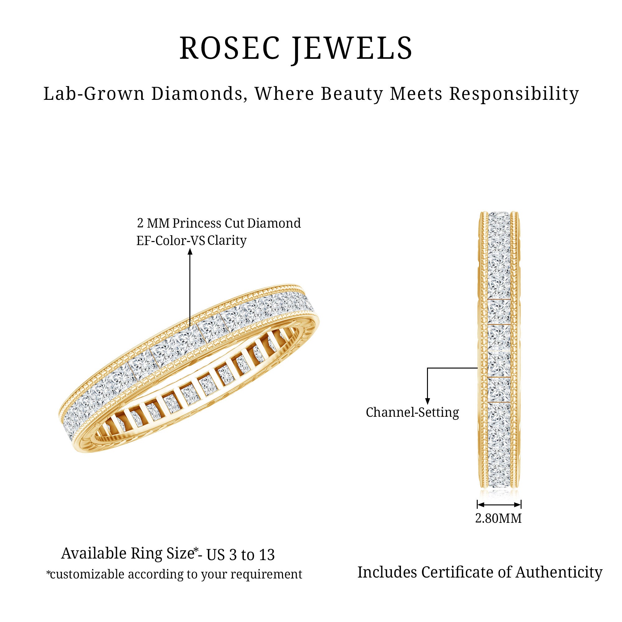 Certified Princess Cut Lab Grown Diamond Eternity Wedding Band Lab - ( EF-VS ) - Rosec Jewels