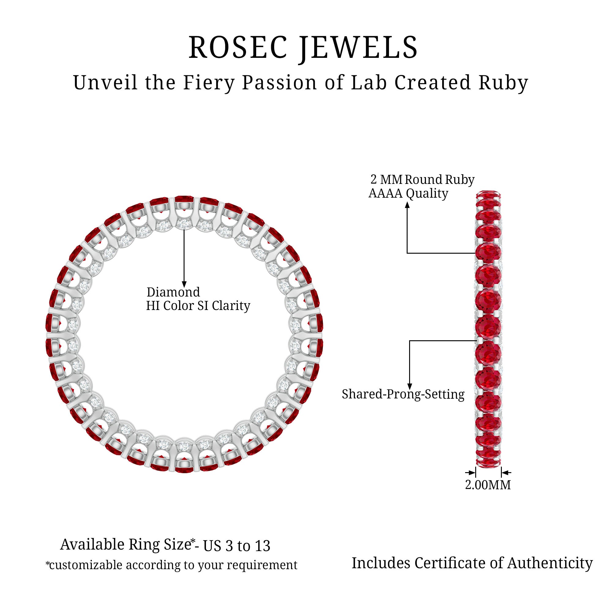 1.75 CT Round Shape Lab Grown Ruby and Diamond Eternity Wedding Band AAAA - Rosec Jewels