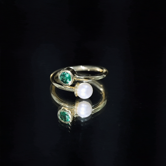 Natural Freshwater Pearl Toi Et Moi Promise Ring with Lab Emerald AAA - Rosec Jewels