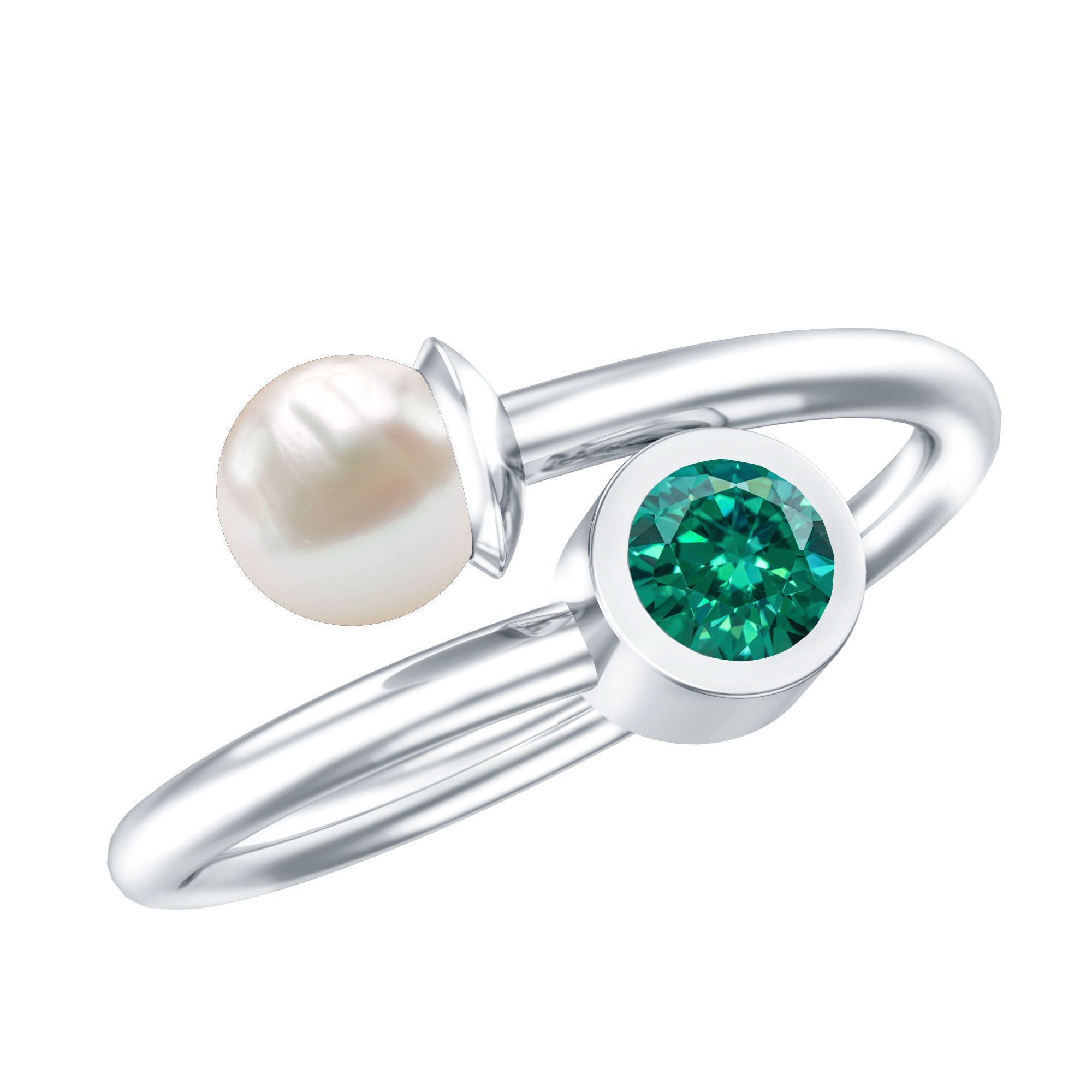 Natural Freshwater Pearl Toi Et Moi Promise Ring with Lab Emerald AAA - Rosec Jewels