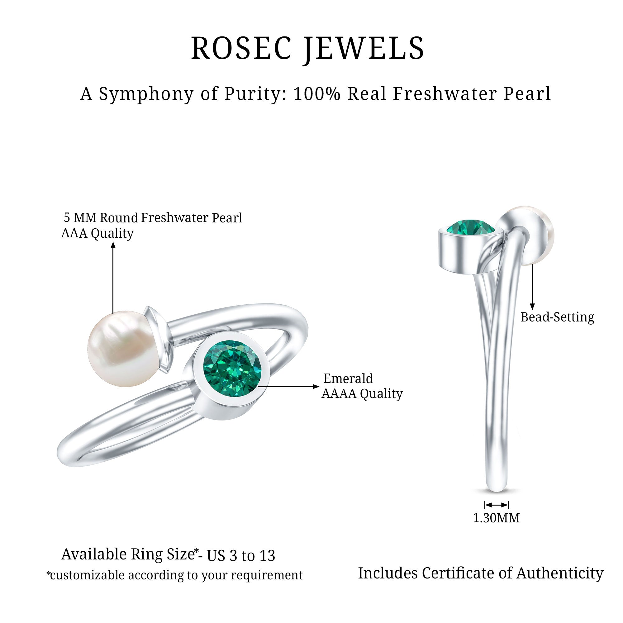 Natural Freshwater Pearl Toi Et Moi Promise Ring with Lab Emerald AAA - Rosec Jewels