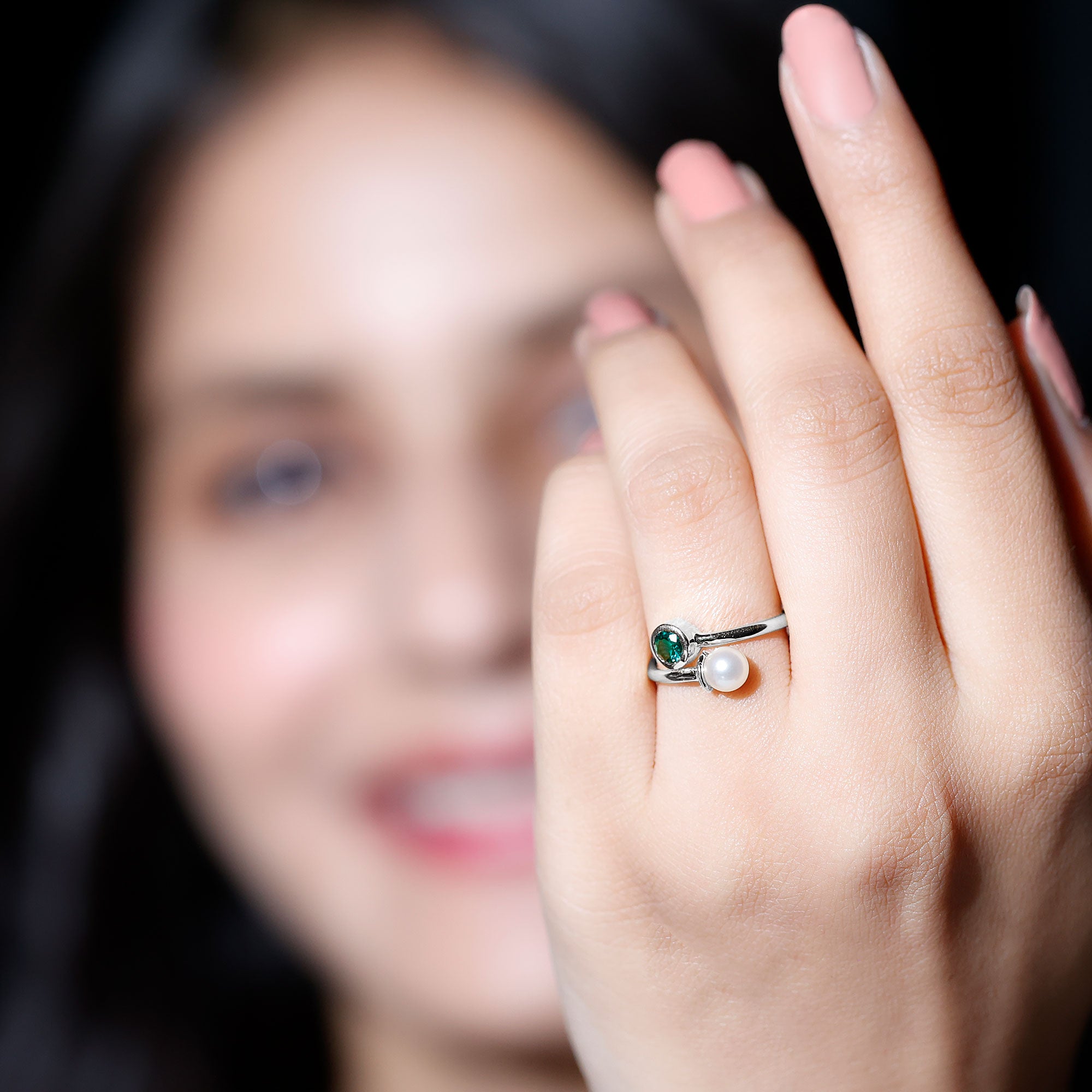 Natural Freshwater Pearl Toi Et Moi Promise Ring with Lab Emerald AAA - Rosec Jewels