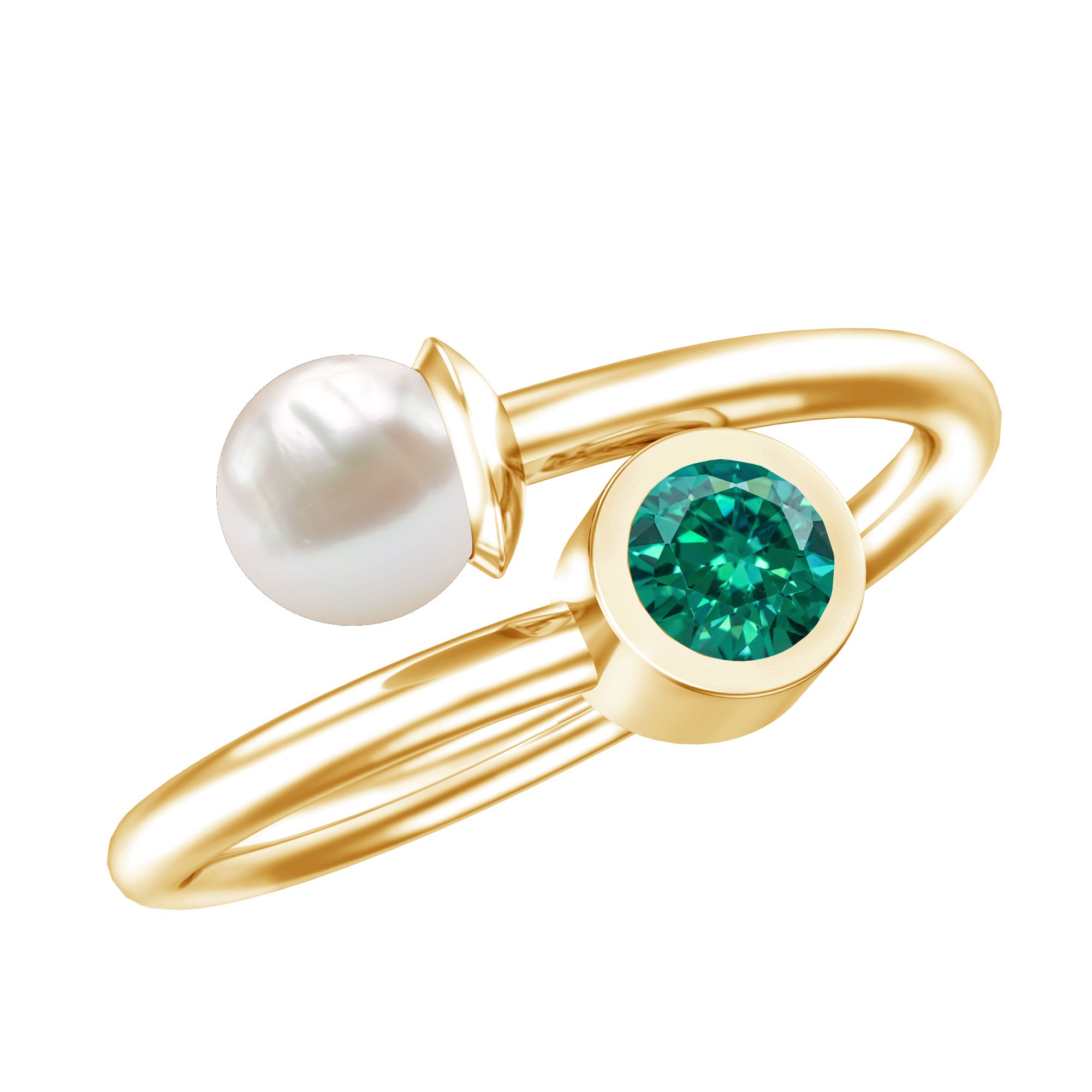 Natural Freshwater Pearl Toi Et Moi Promise Ring with Lab Emerald AAA - Rosec Jewels