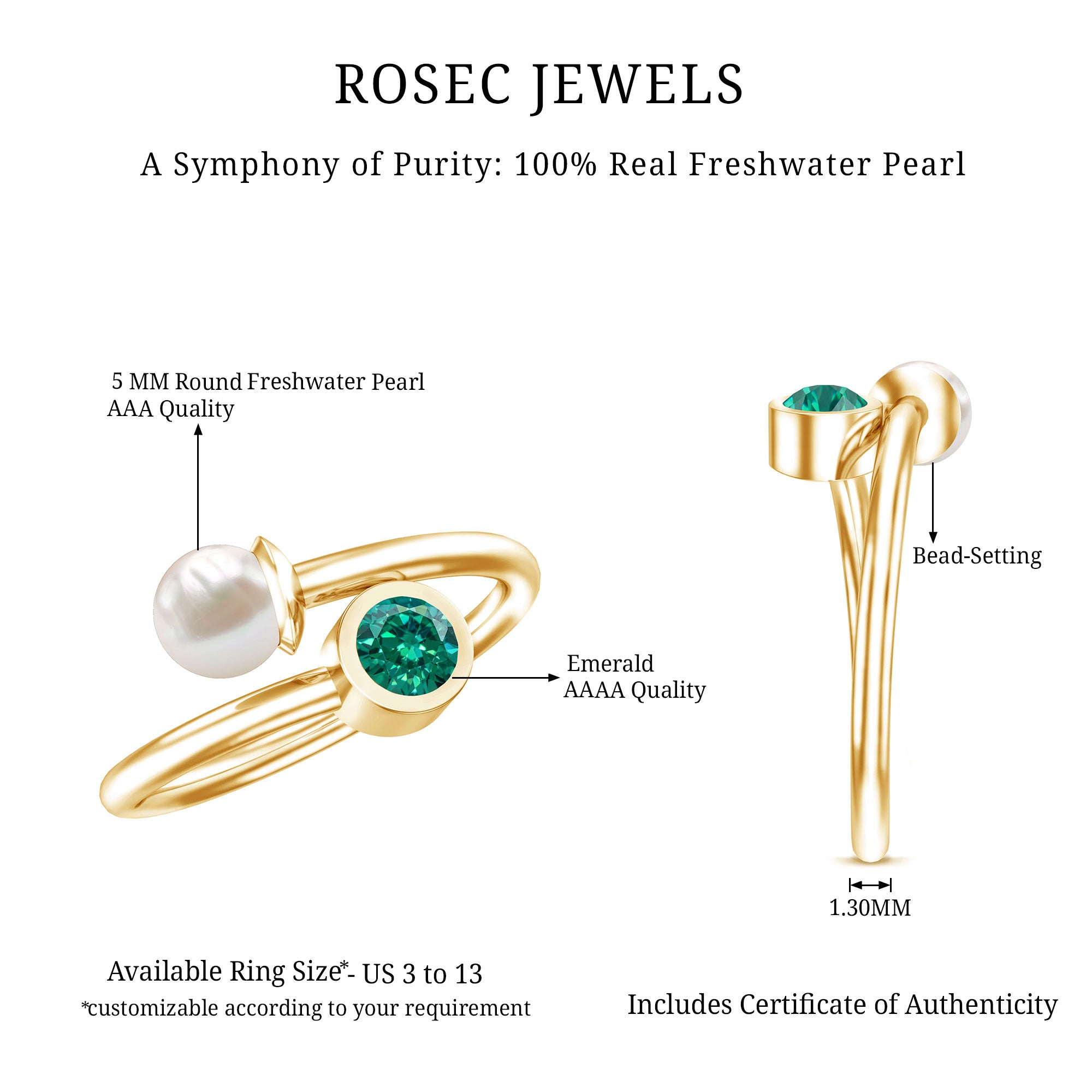 Natural Freshwater Pearl Toi Et Moi Promise Ring with Lab Emerald AAA - Rosec Jewels