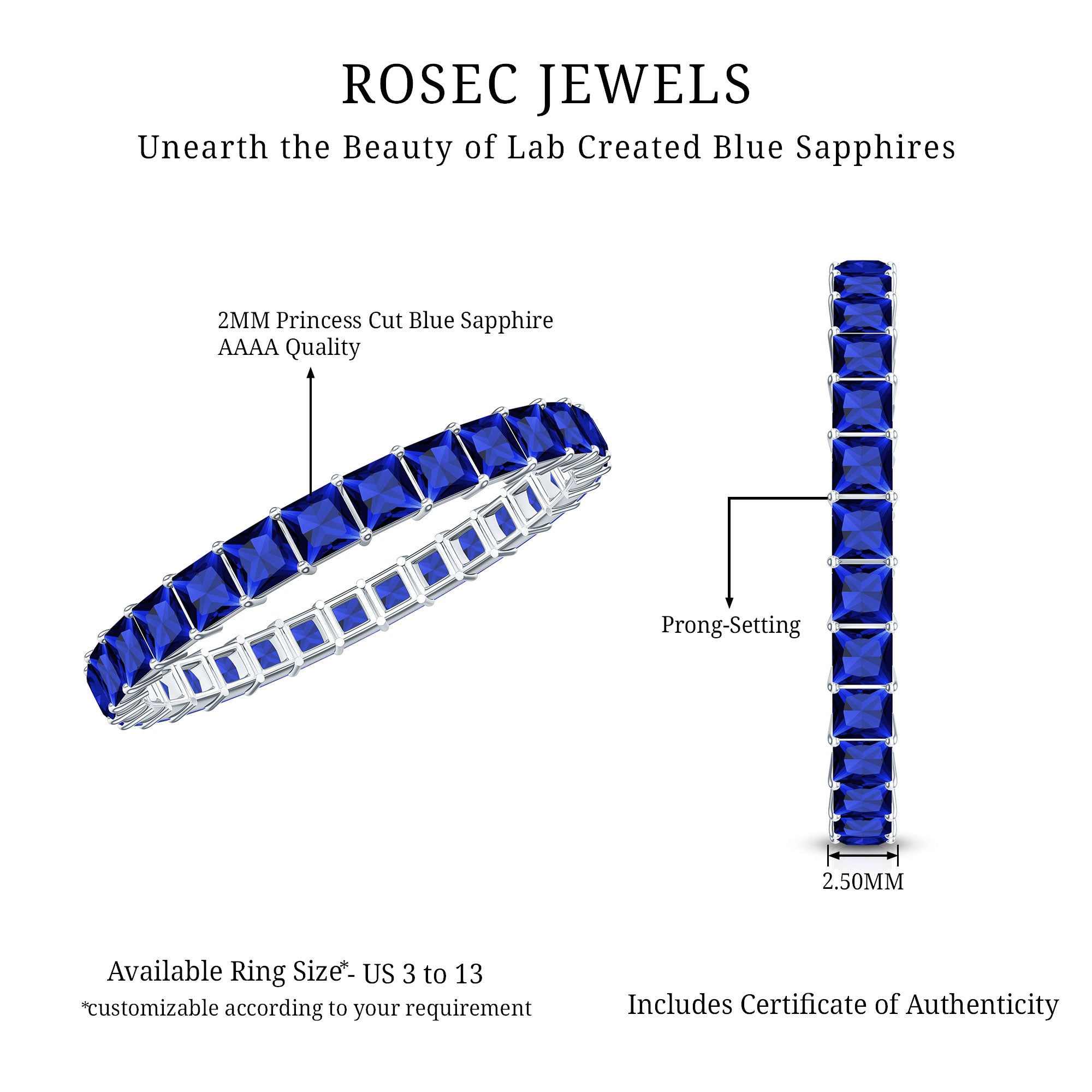 Princess Cut Certified Lab Created Blue Sapphire Full Eternity Ring AAAA - Rosec Jewels