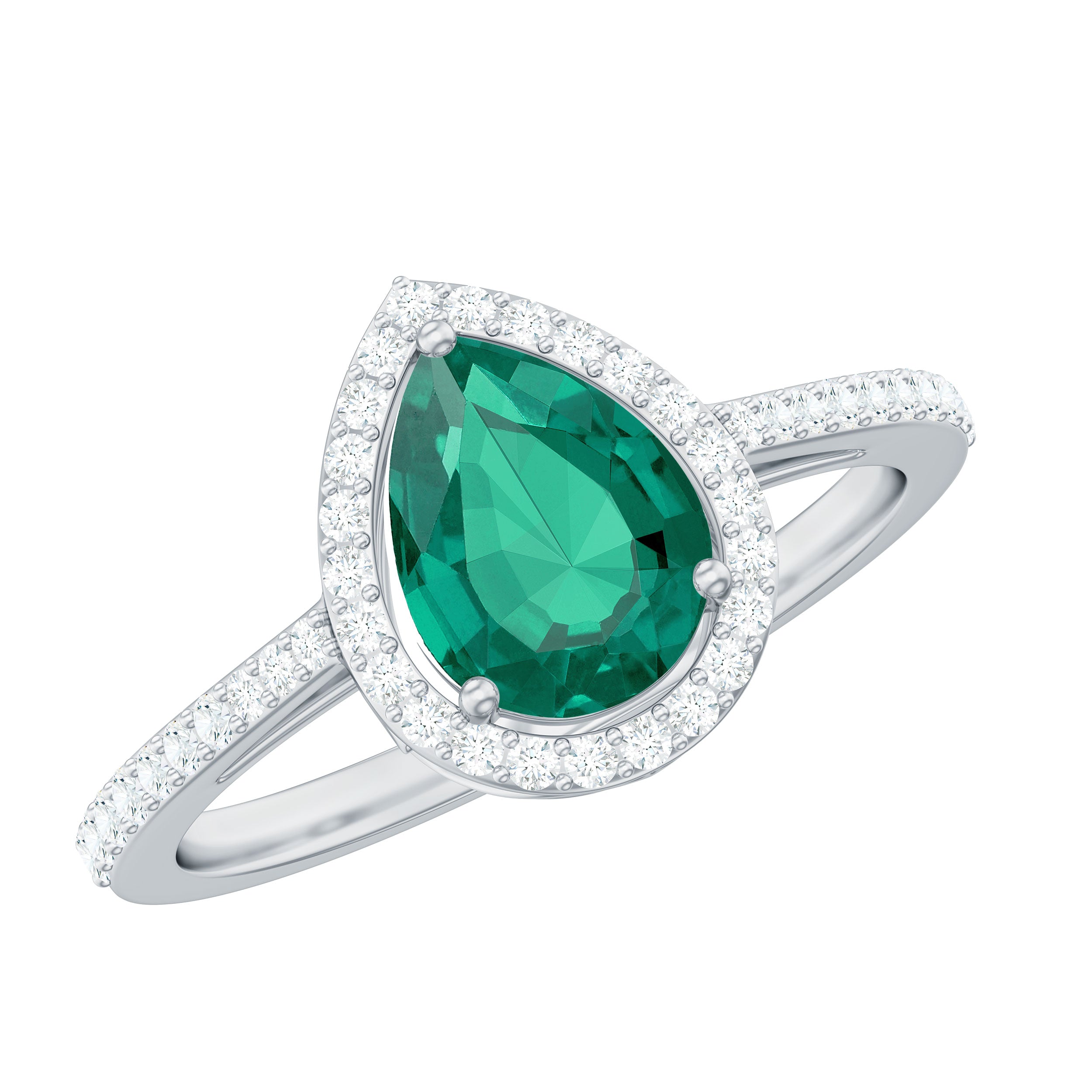 Certified Lab Grown Emerald Teardrop Engagement Ring with Diamond Halo