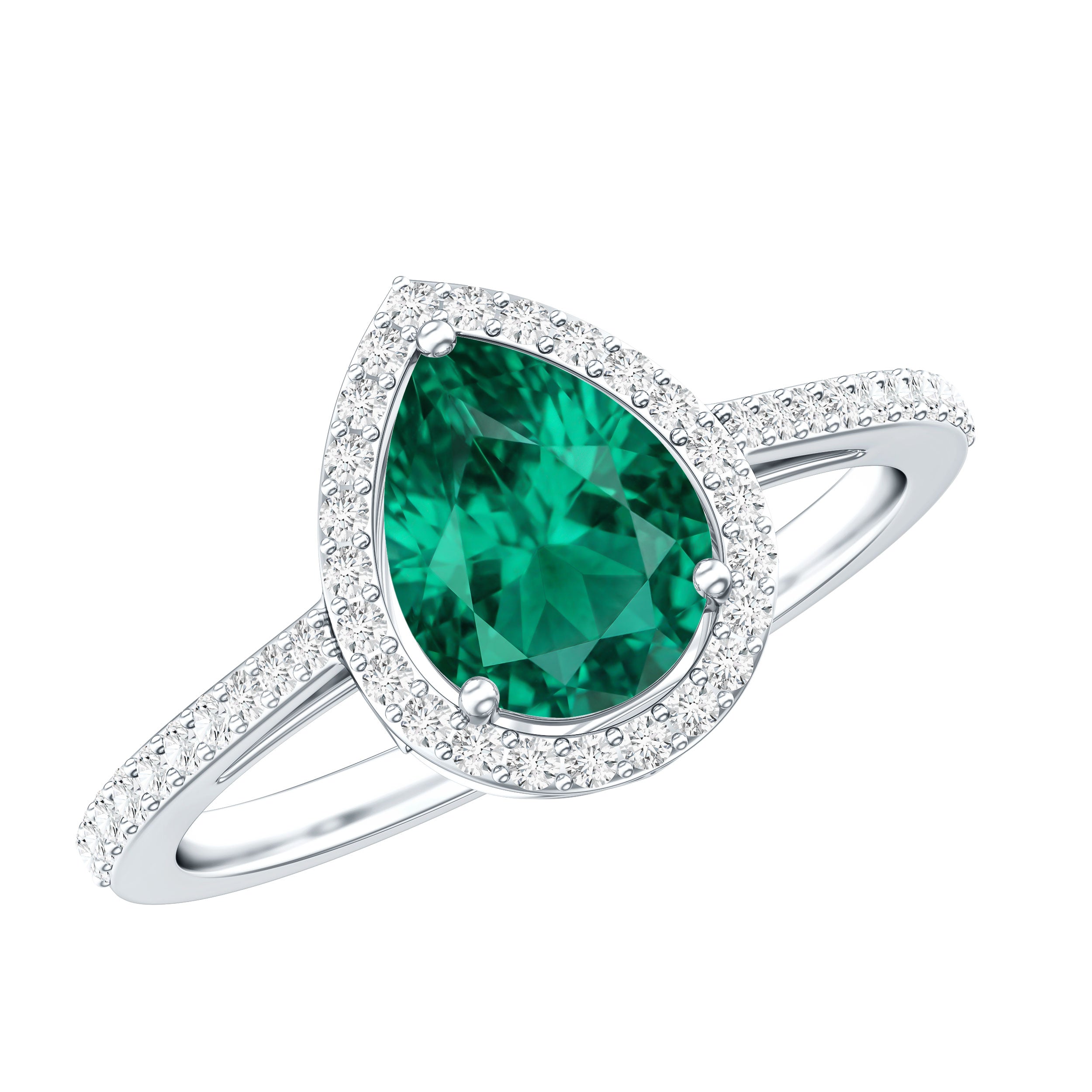 Certified Lab Grown Emerald Teardrop Engagement Ring with Diamond Halo AAAA - Rosec Jewels