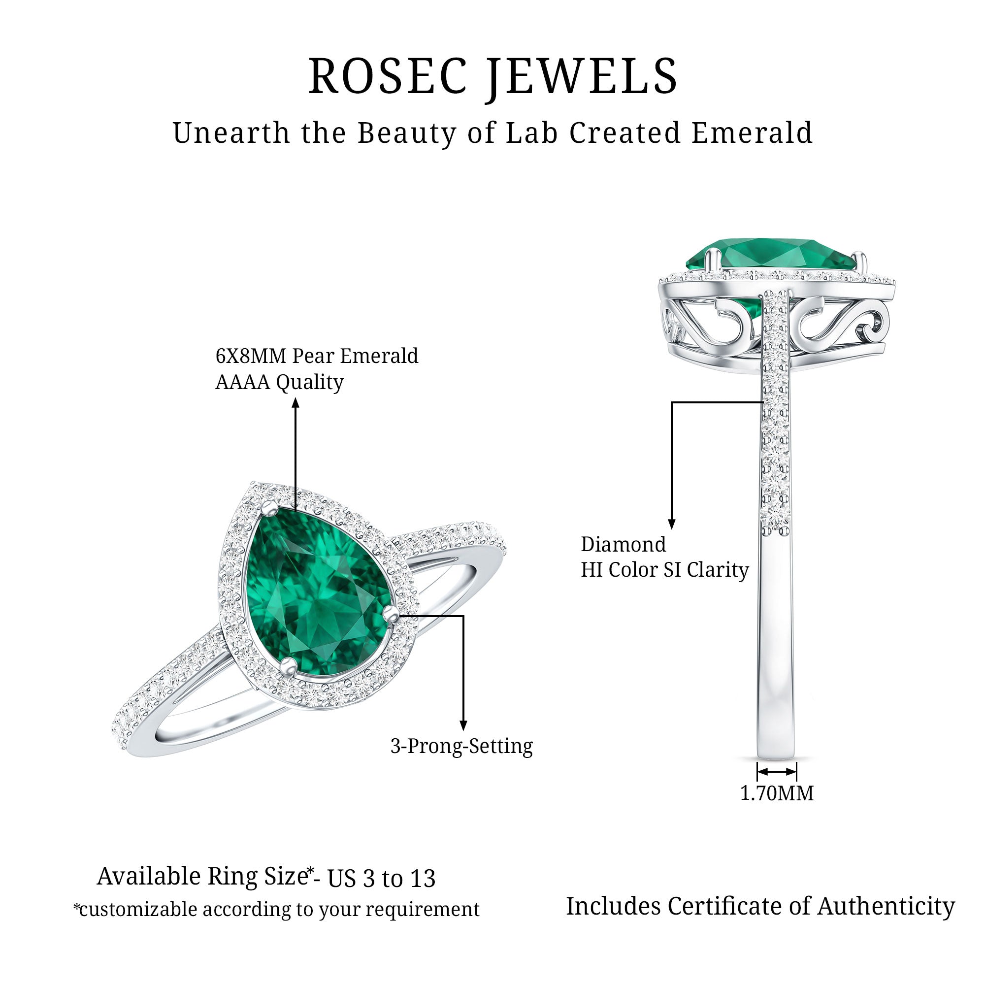 Certified Lab Grown Emerald Teardrop Engagement Ring with Diamond Halo AAAA - Rosec Jewels
