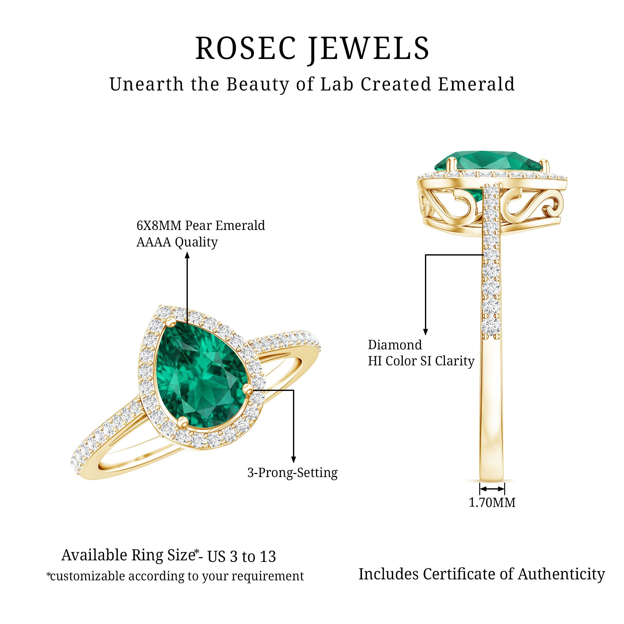 Certified Lab Grown Emerald Teardrop Engagement Ring with Diamond Halo AAAA - Rosec Jewels