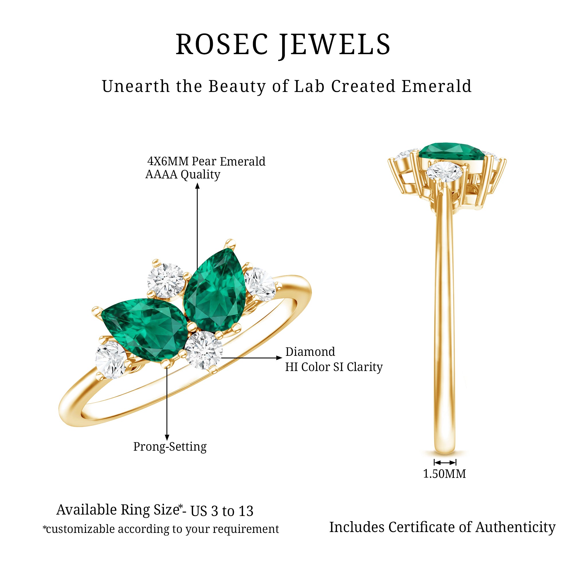 Designer Pear Shape Lab Grown Emerald Toi Et Moi Engagement Ring with Diamond AAAA - Rosec Jewels