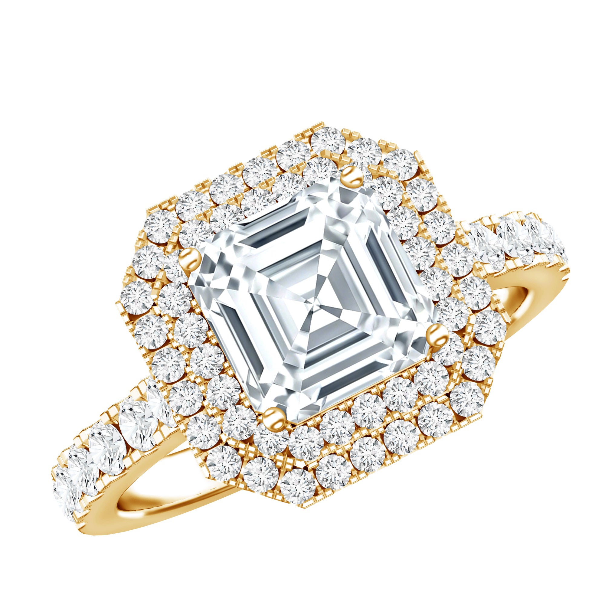 Certified Asscher Cut Moissanite Double Halo Engagement Ring D-VS1 - Rosec Jewels