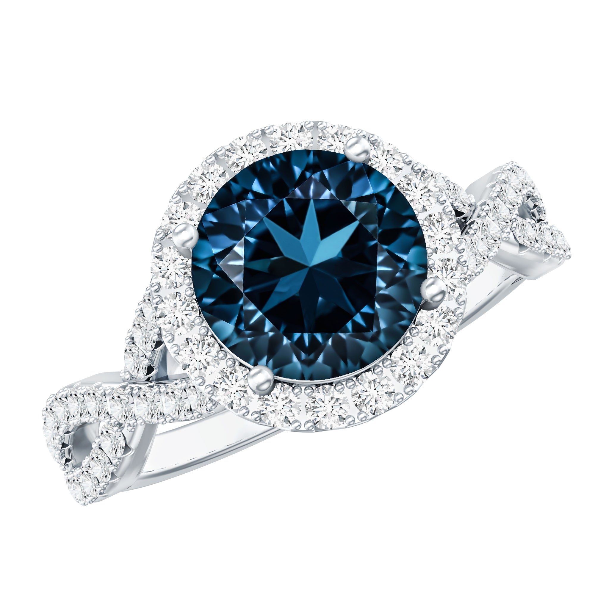 2 Carat Round London Blue Topaz Crossover Engagement Ring with Diamond Halo AAA - Rosec Jewels