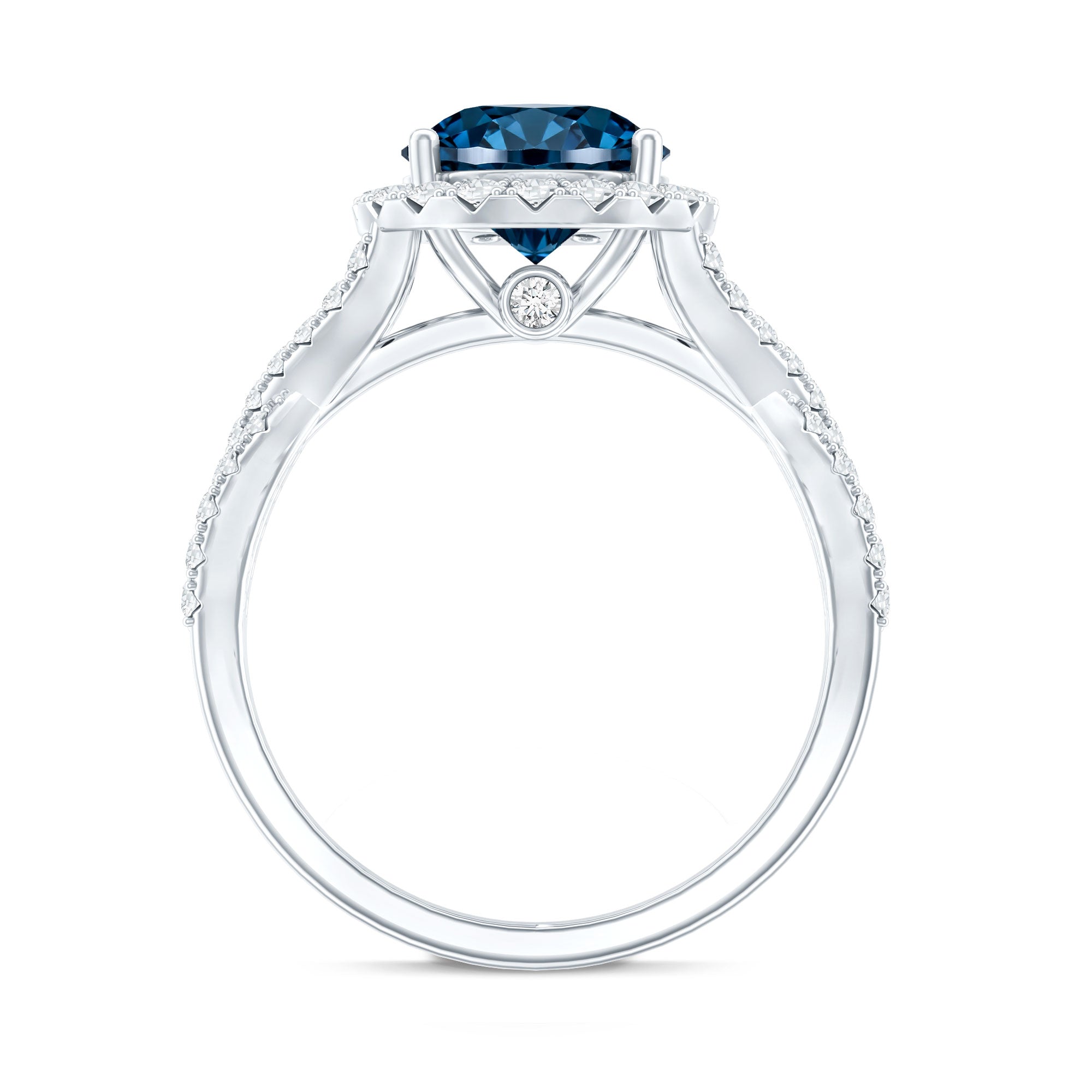 2 Carat Round London Blue Topaz Crossover Engagement Ring with Diamond Halo AAA - Rosec Jewels