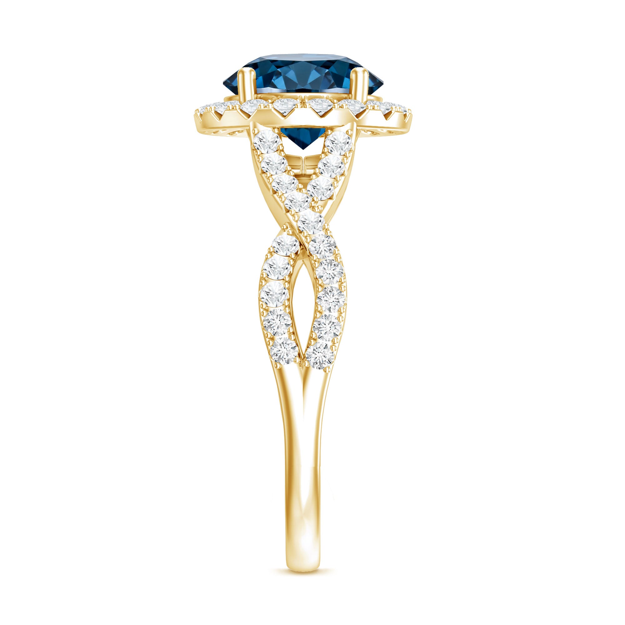 2 Carat Round London Blue Topaz Crossover Engagement Ring with Diamond Halo AAA - Rosec Jewels