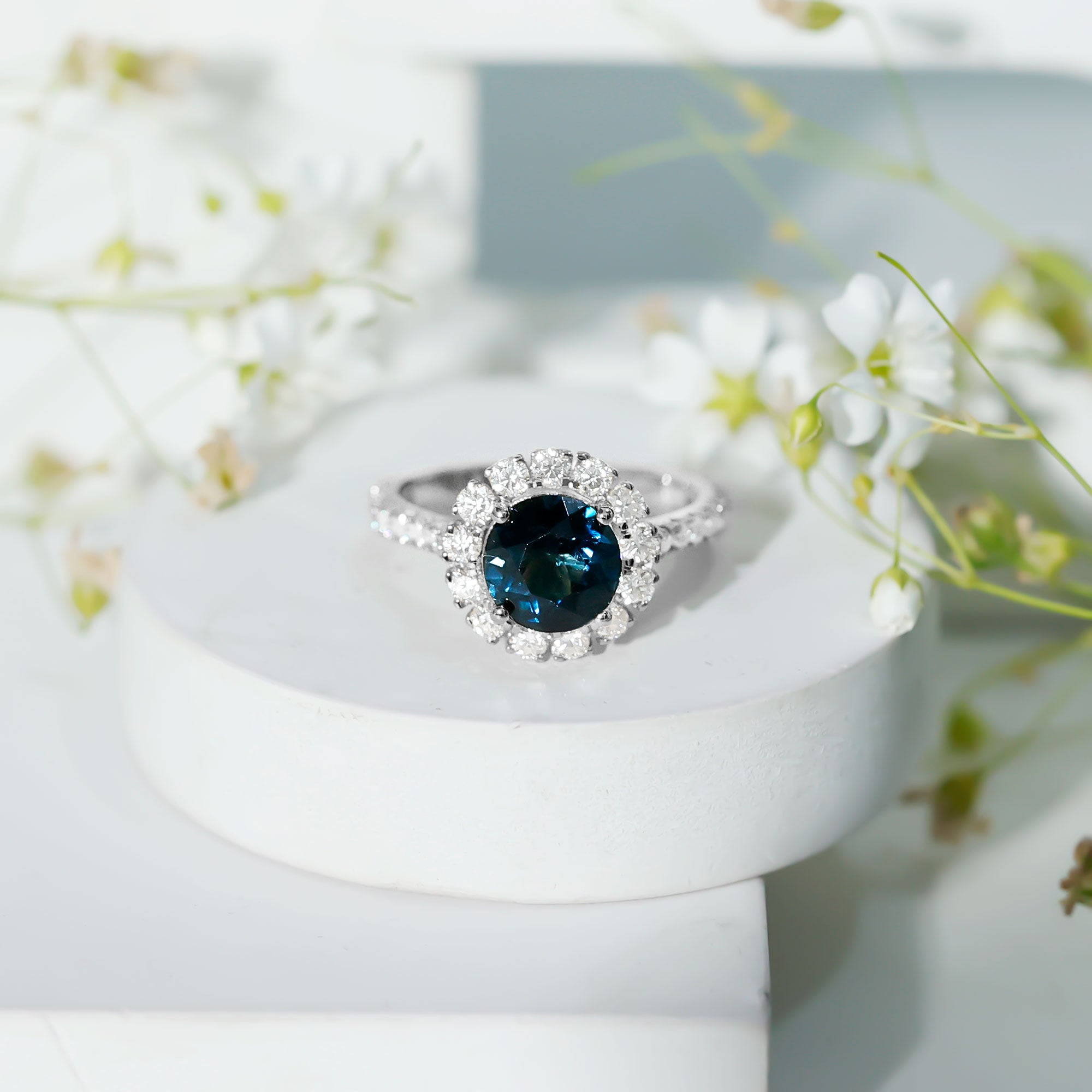2 Carat Round London Blue Topaz Halo Engagement Ring with Moissanite AAA - Rosec Jewels