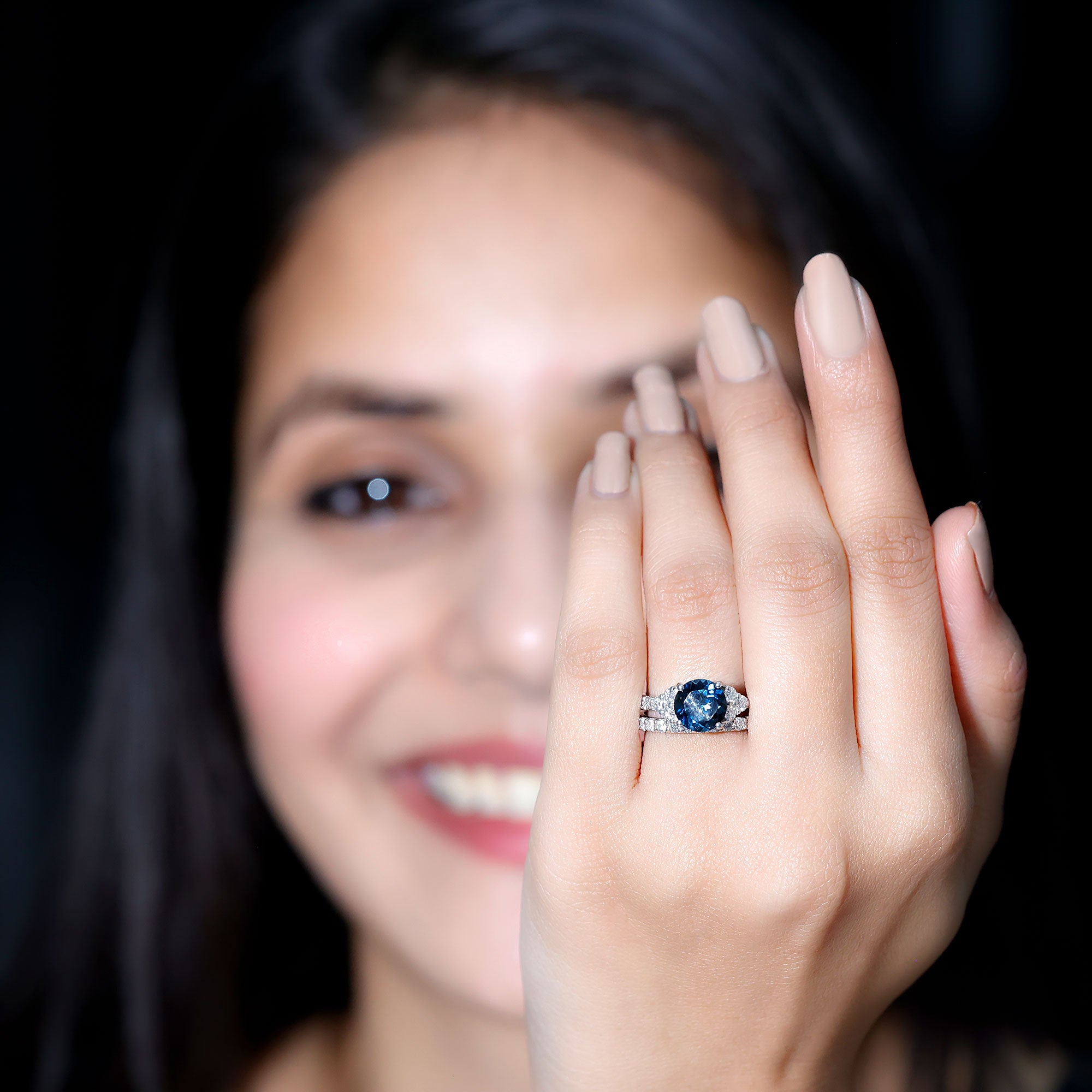 8 mm London Blue Topaz Wedding Ring Set with Moissanite Band AAA - Rosec Jewels