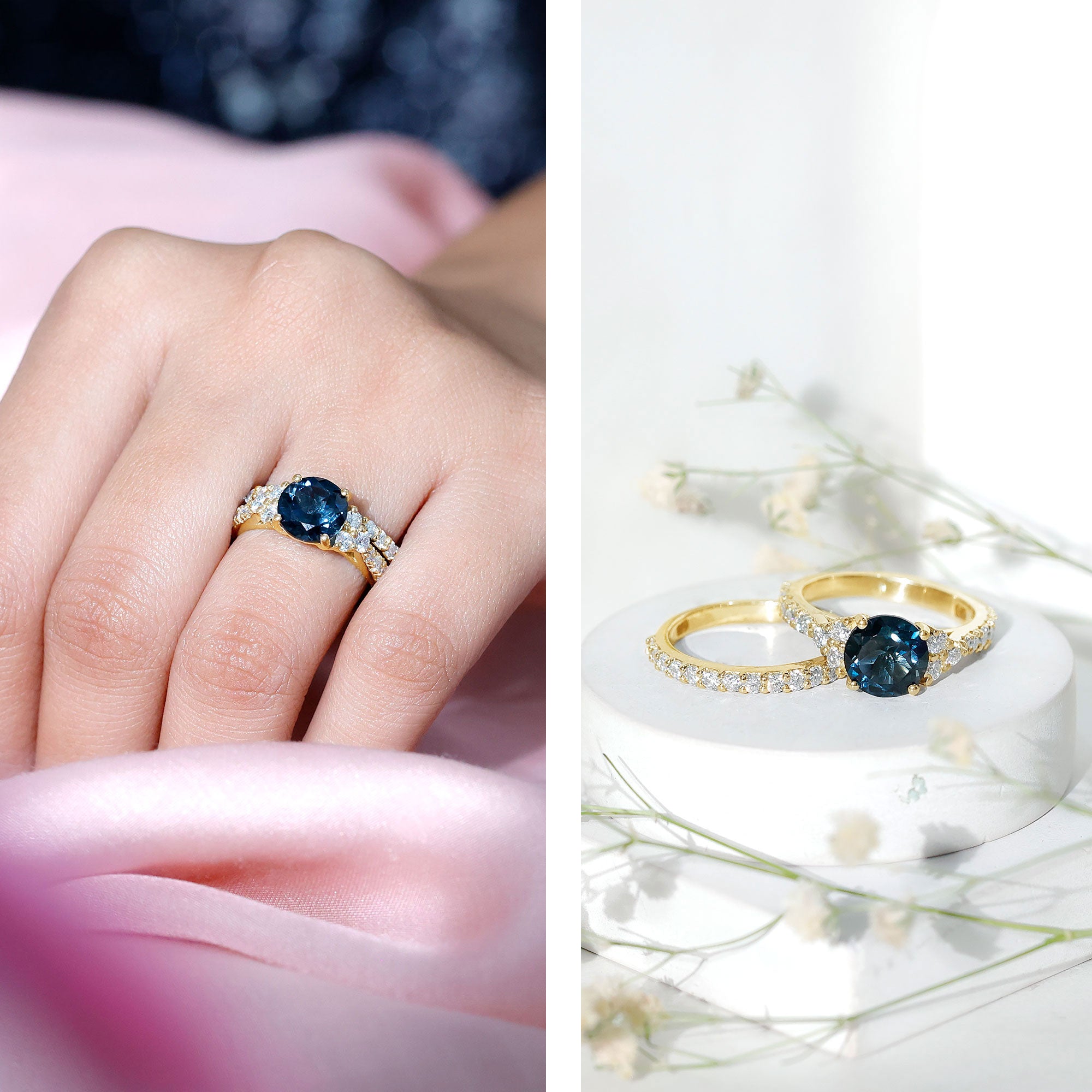 8 mm London Blue Topaz Wedding Ring Set with Moissanite Band AAA - Rosec Jewels