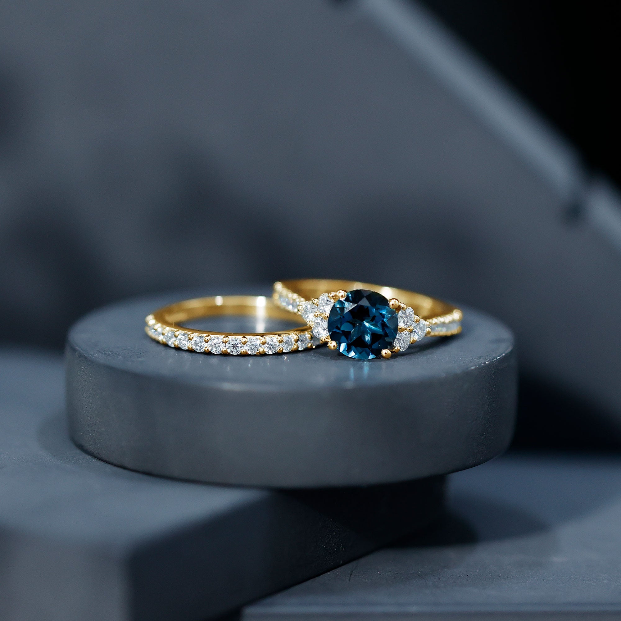 8 mm London Blue Topaz Wedding Ring Set with Moissanite Band AAA - Rosec Jewels