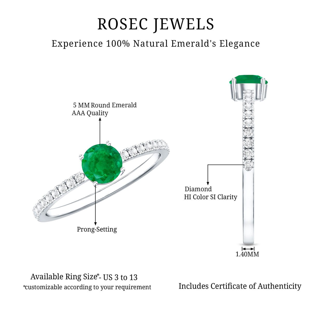 Natural Emerald Promise Ring with Diamond Side Stones AAA - Rosec Jewels