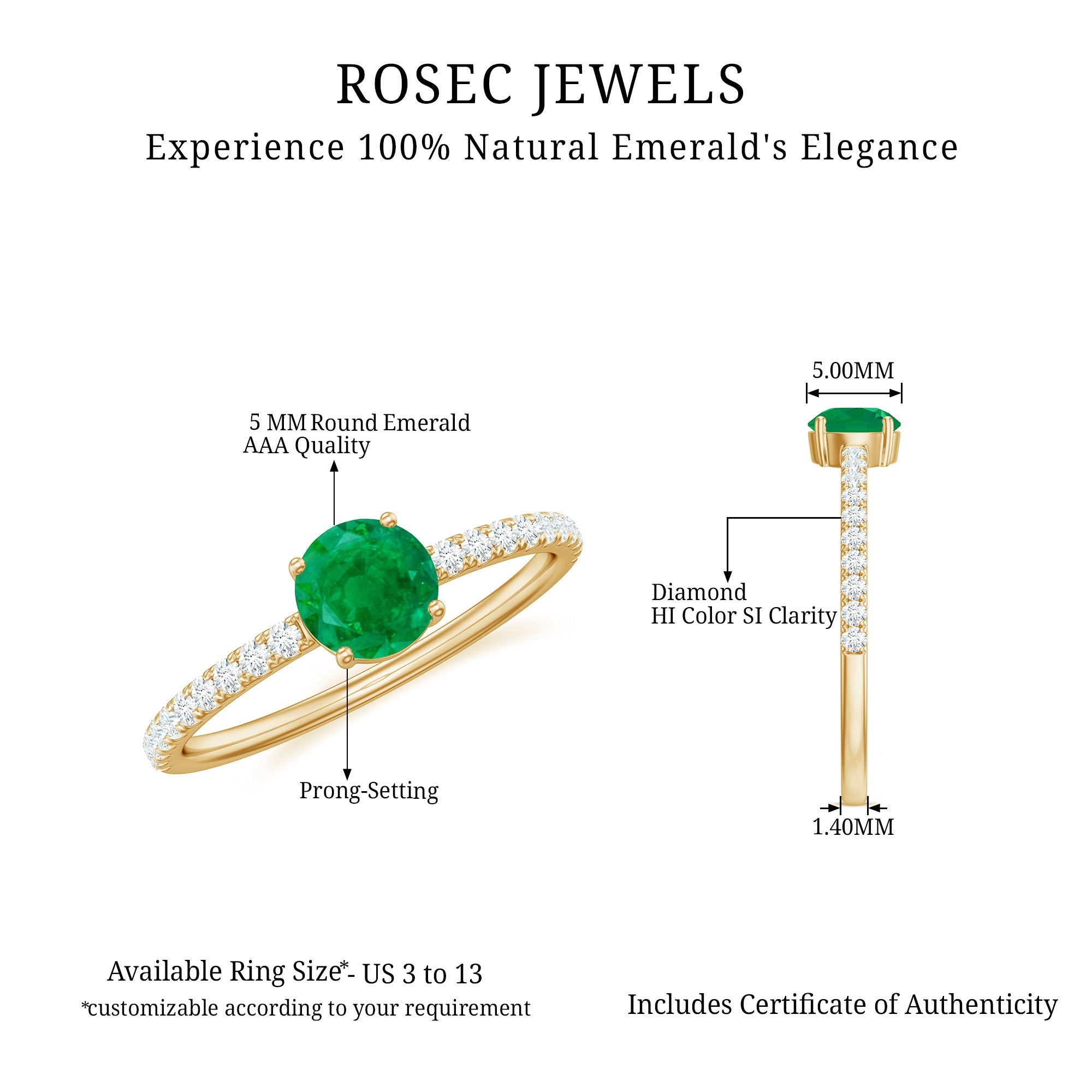 Natural Emerald Promise Ring with Diamond Side Stones AAA - Rosec Jewels