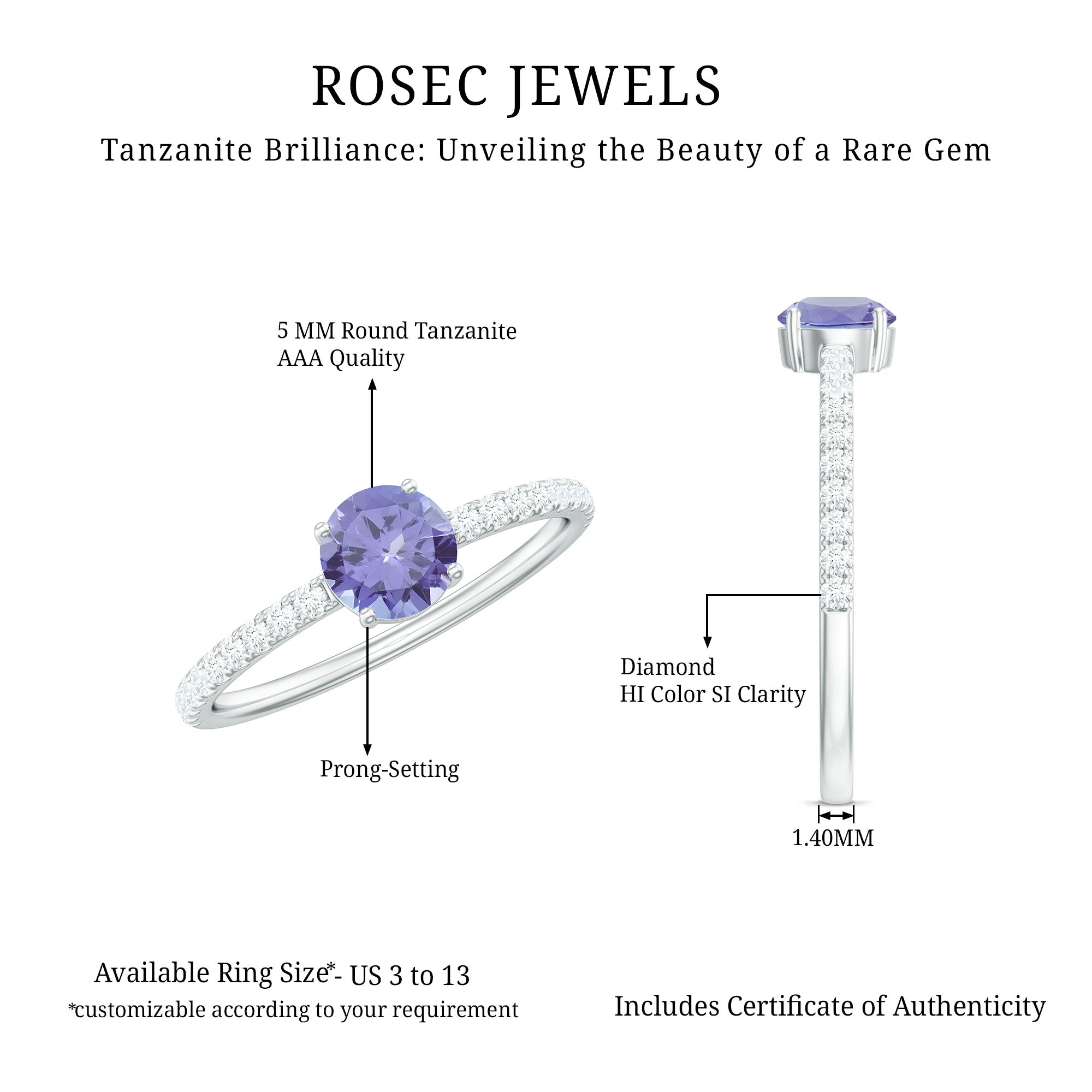 Certified Real Solitaire Tanzanite Promise Ring with Diamond AAA - Rosec Jewels
