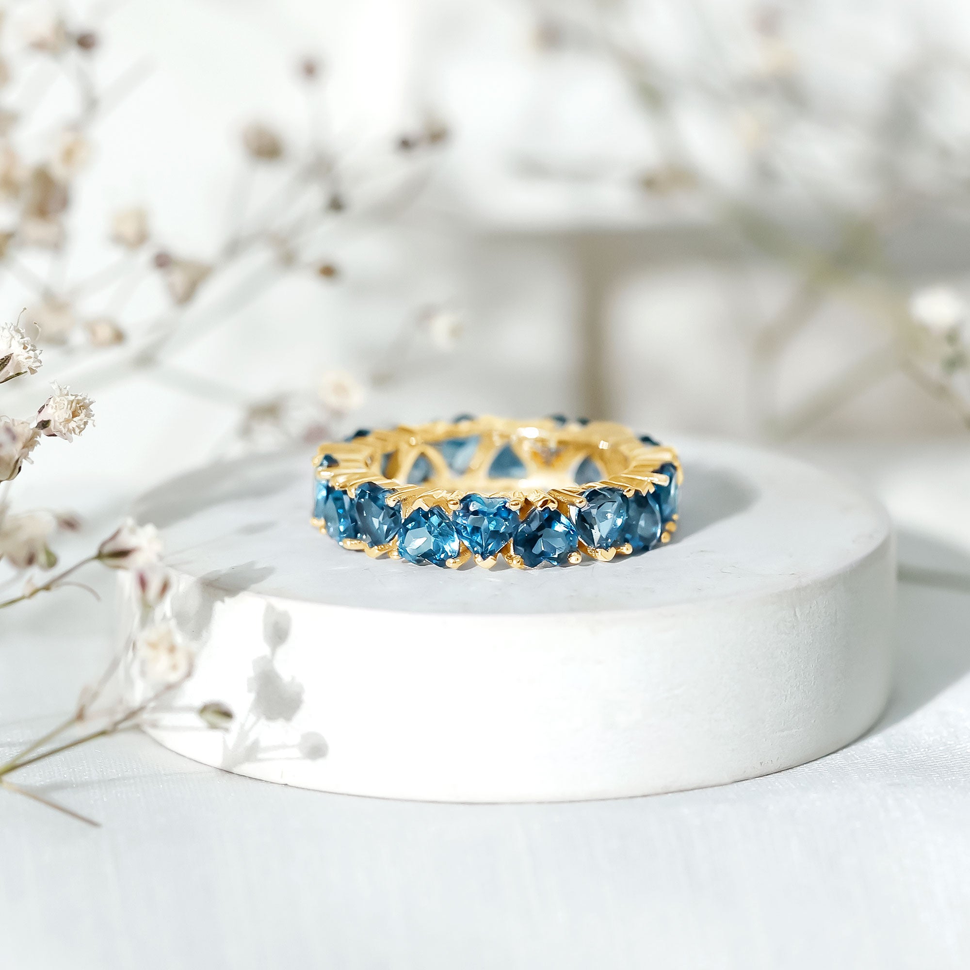 London Blue Topaz Heart Eternity Band Ring AAA - Rosec Jewels