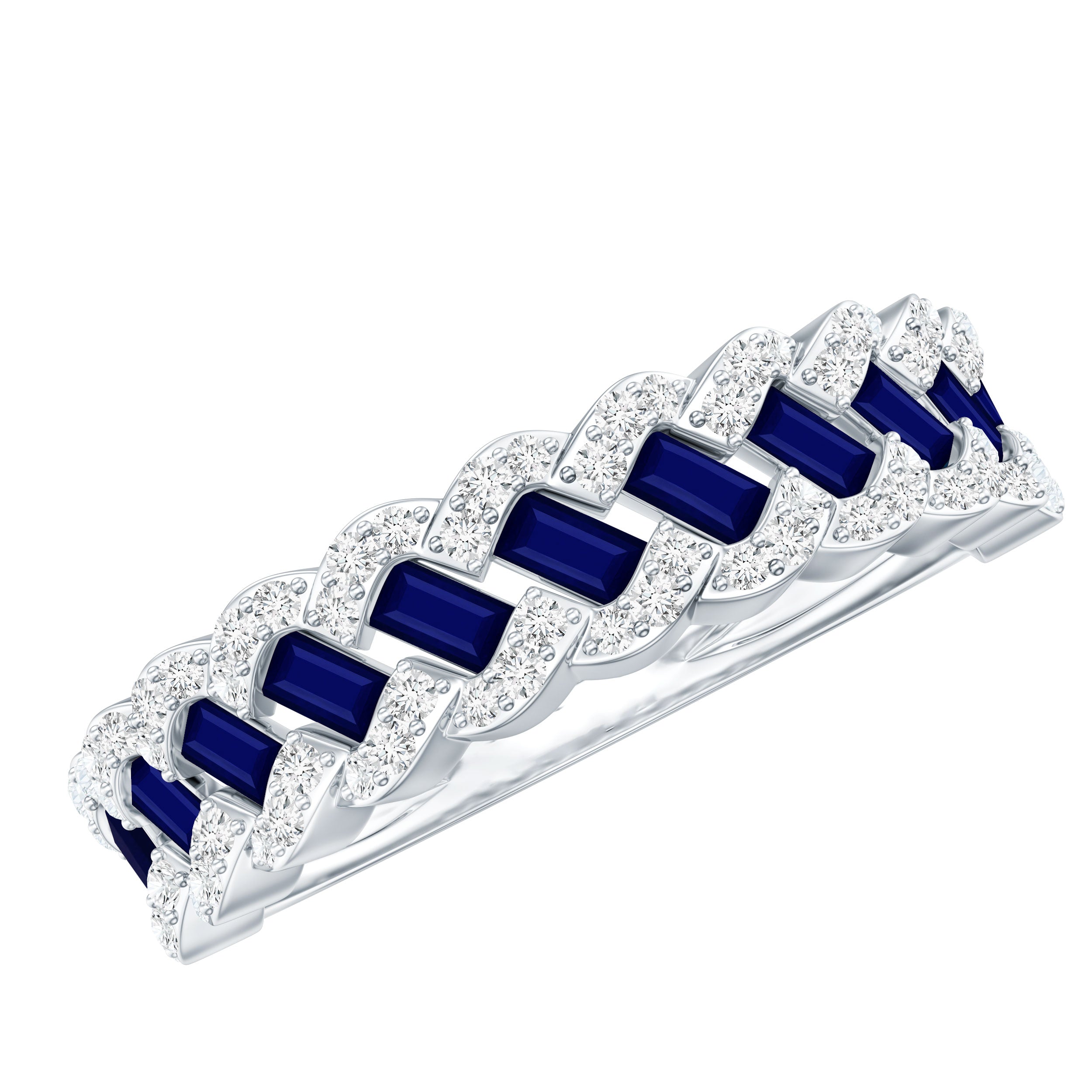 Bague demi-éternité tressée avec saphir bleu taille baguette et diamants