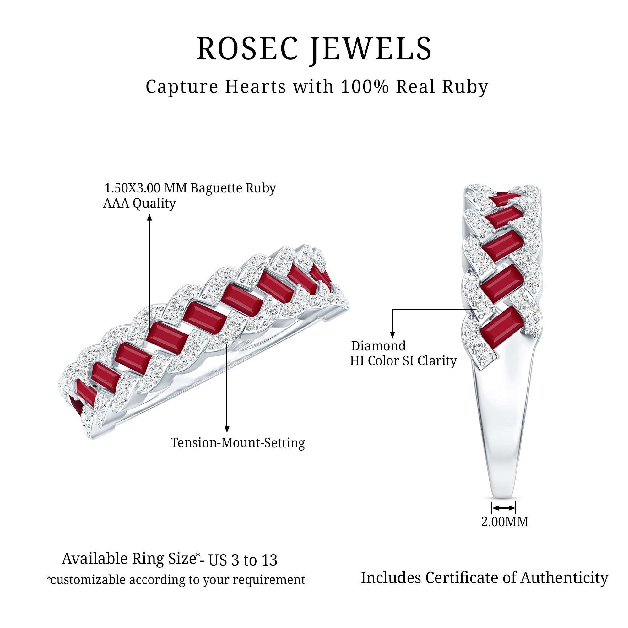 Natural Baguette Ruby Half Eternity Band with Diamond AAA - Rosec Jewels
