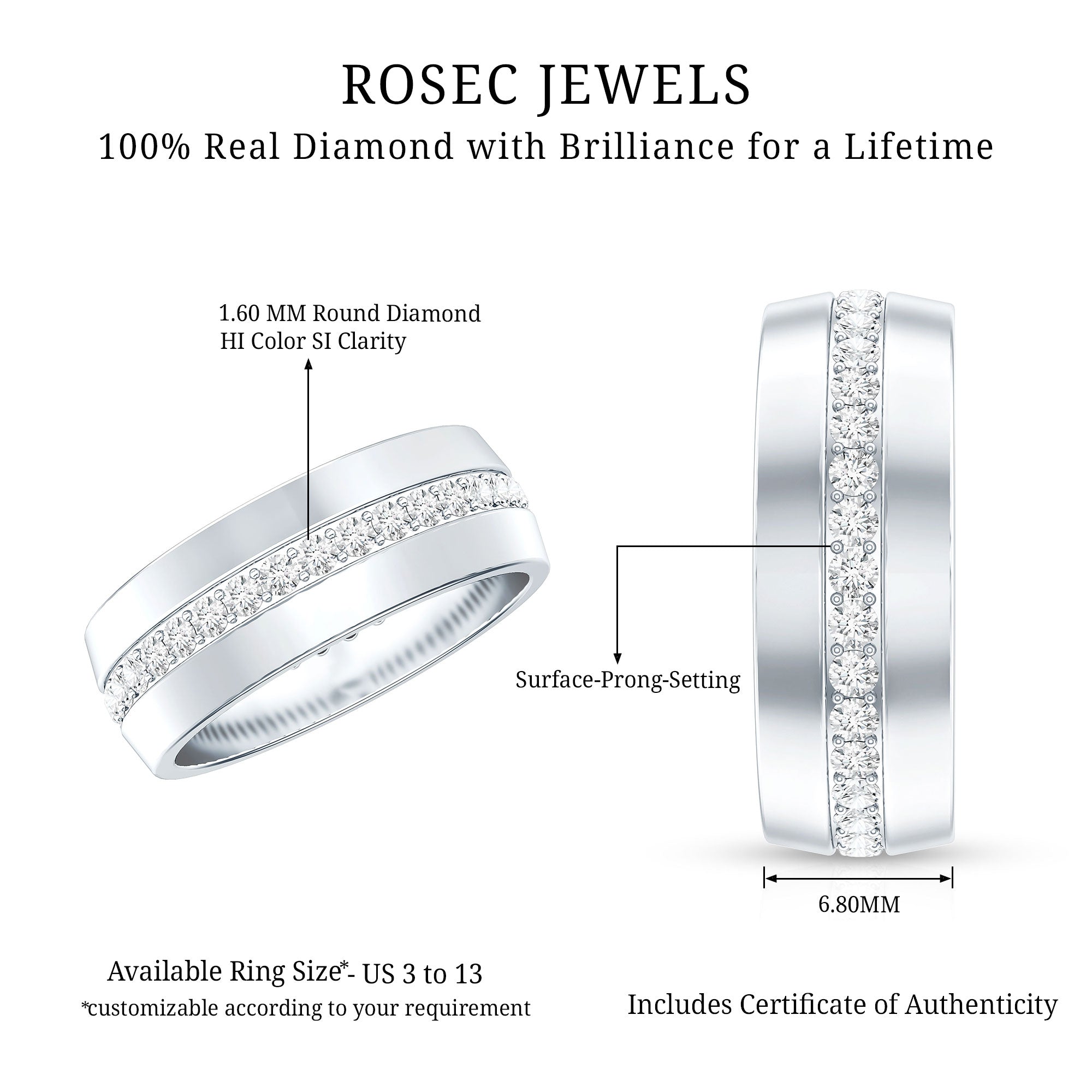 Certified Diamond Wide Wedding Band Ring Natural - ( HI-SI ) - Rosec Jewels