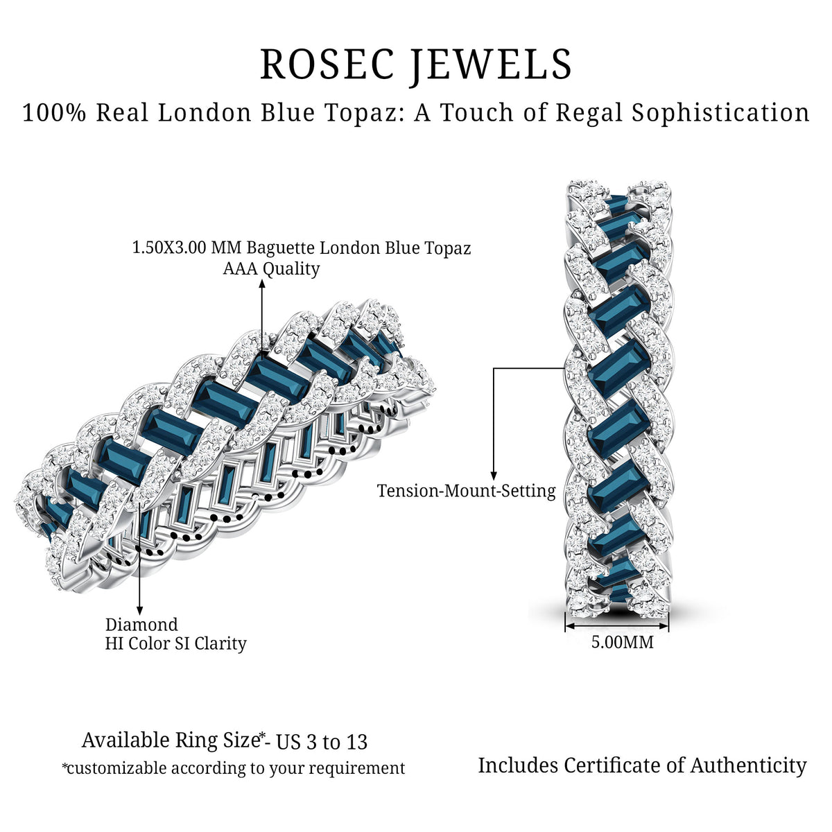 Baguette London Blue Topaz Full Eternity Band with Diamond AAA - Rosec Jewels
