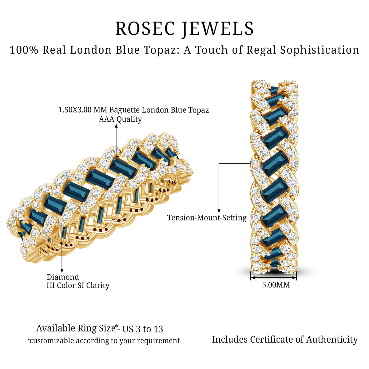 Baguette London Blue Topaz Full Eternity Band with Diamond AAA - Rosec Jewels