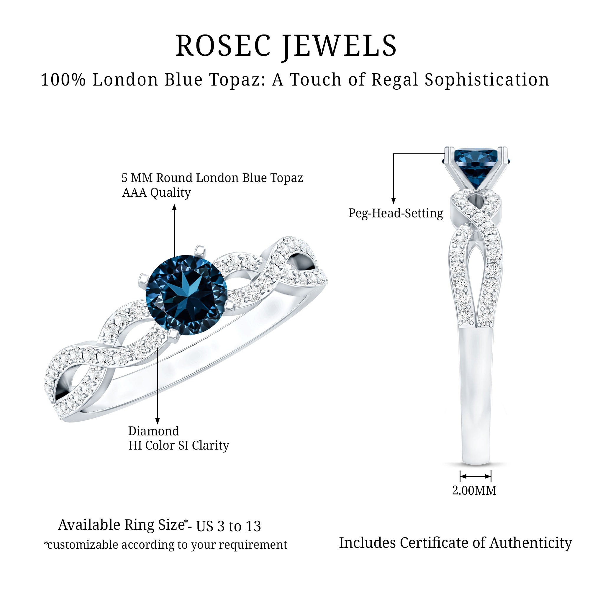 Round Blue Topaz Infinity Engagement Ring with Diamonds AAA - Rosec Jewels