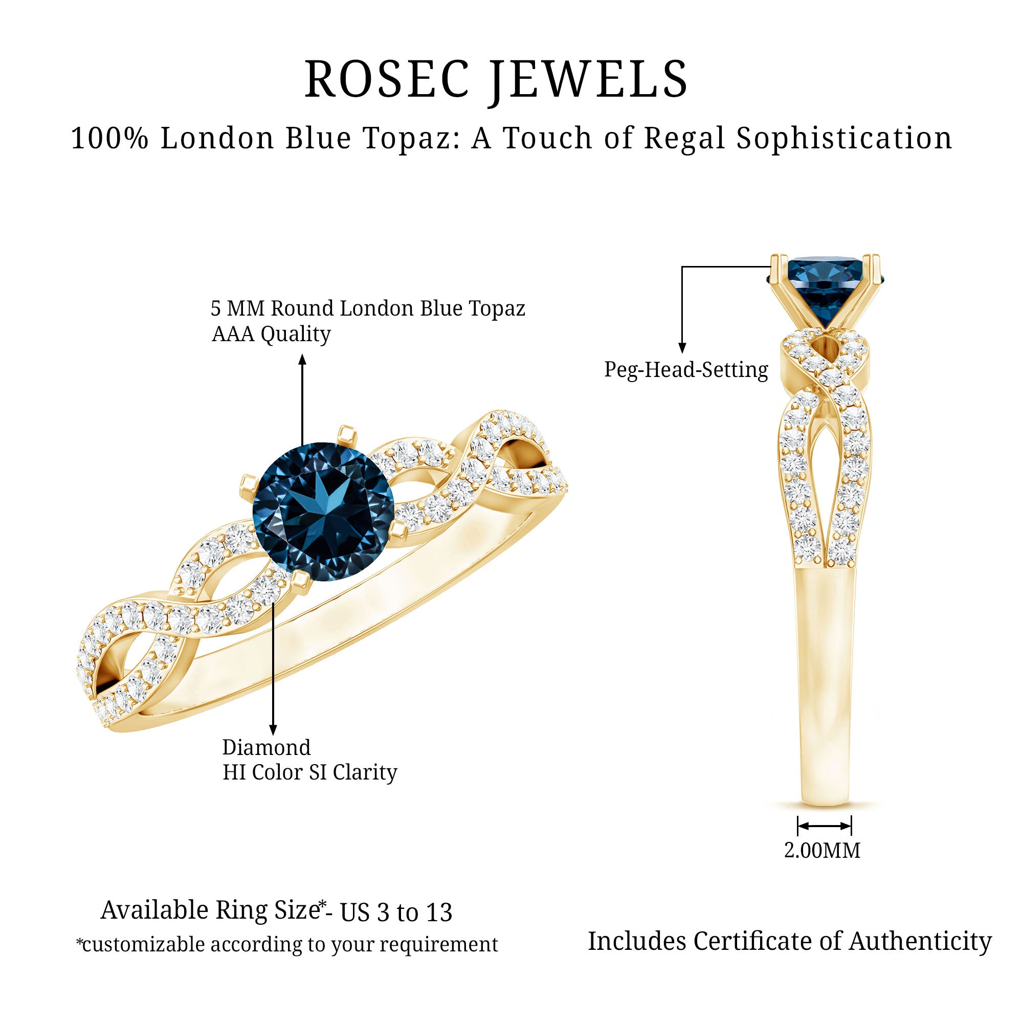 Round Blue Topaz Infinity Engagement Ring with Diamonds AAA - Rosec Jewels