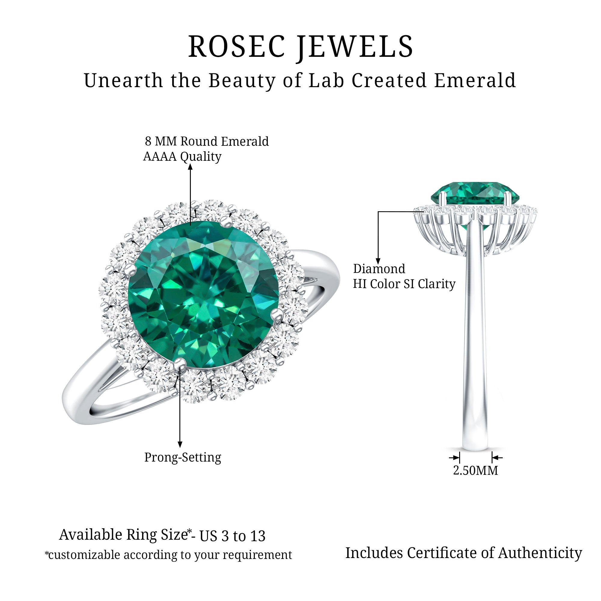 8 mm Lab Grown Emerald Classic Engagement Ring with Diamond Halo AAAA - Rosec Jewels
