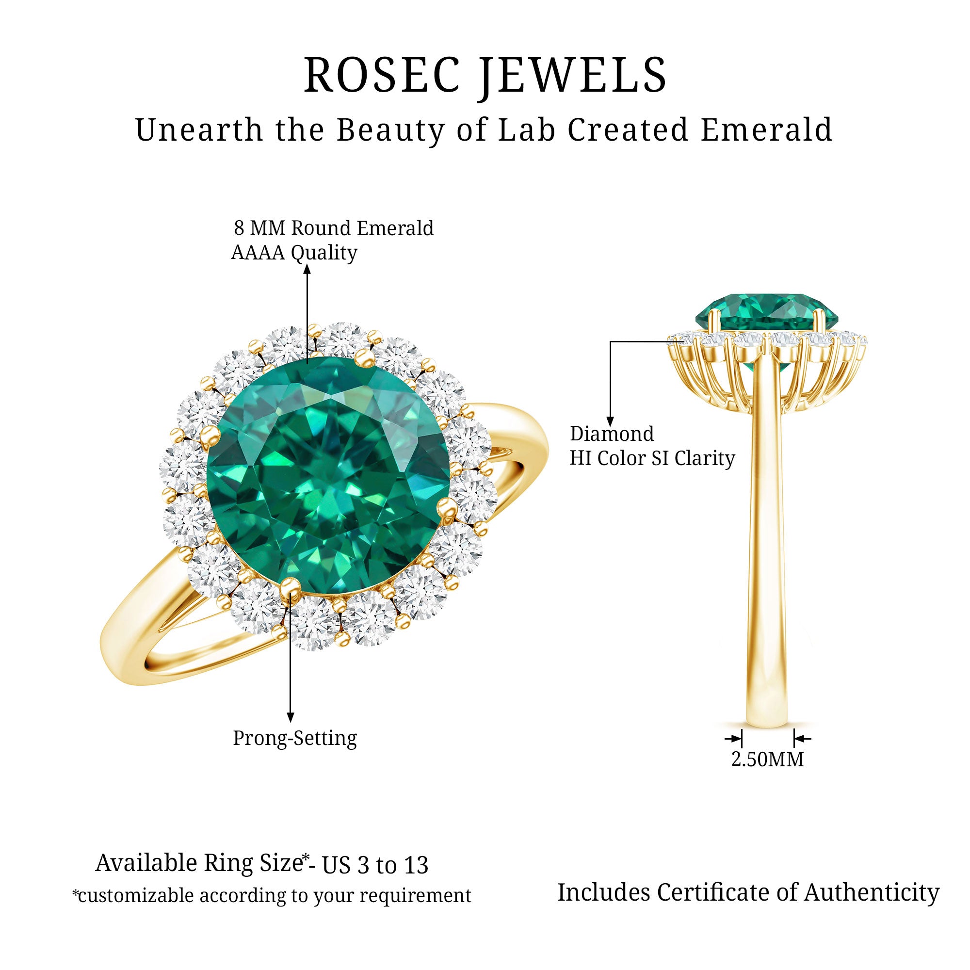 8 mm Lab Grown Emerald Classic Engagement Ring with Diamond Halo AAAA - Rosec Jewels