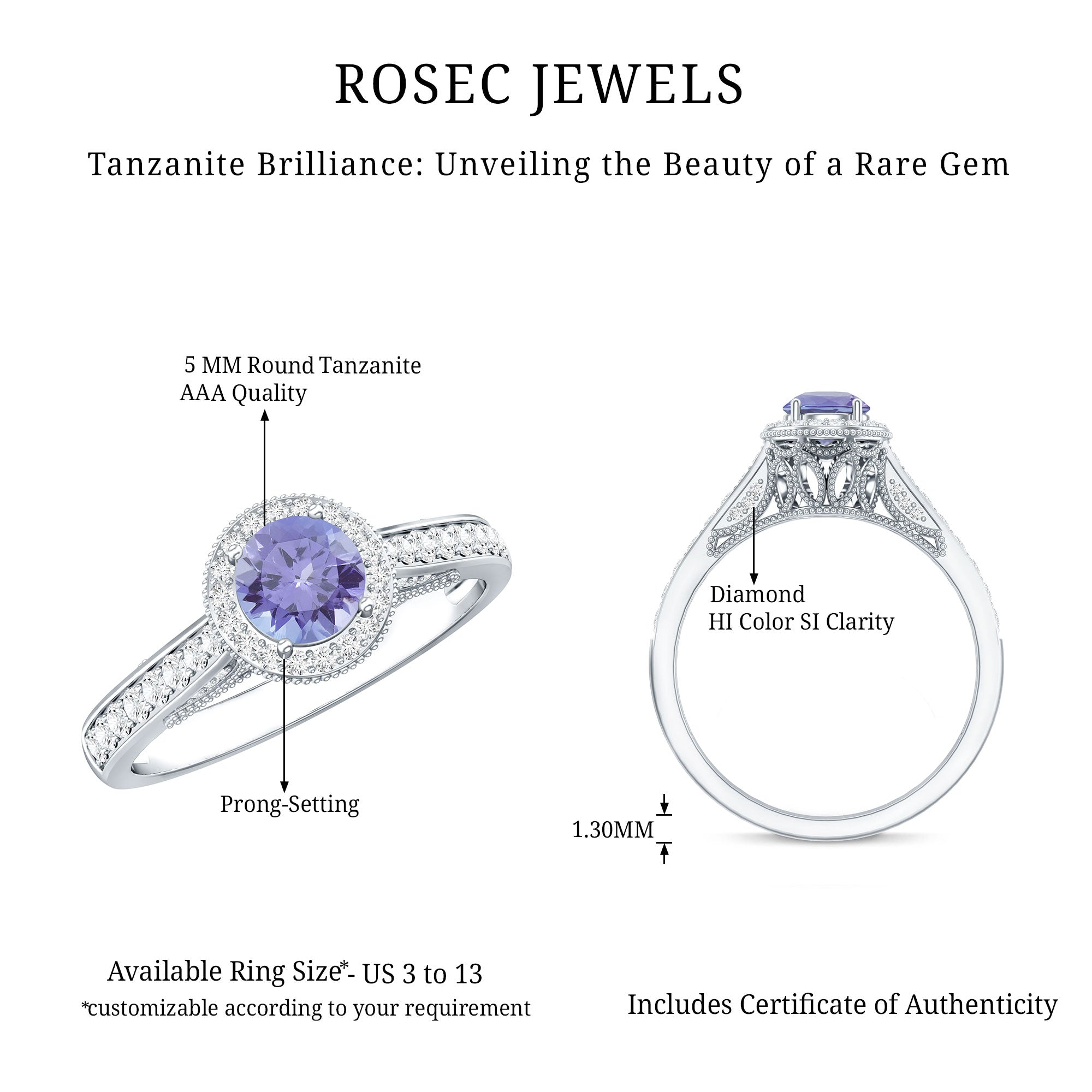 Vintage Style Tanzanite Engagement Ring with Diamond Halo AAA - Rosec Jewels