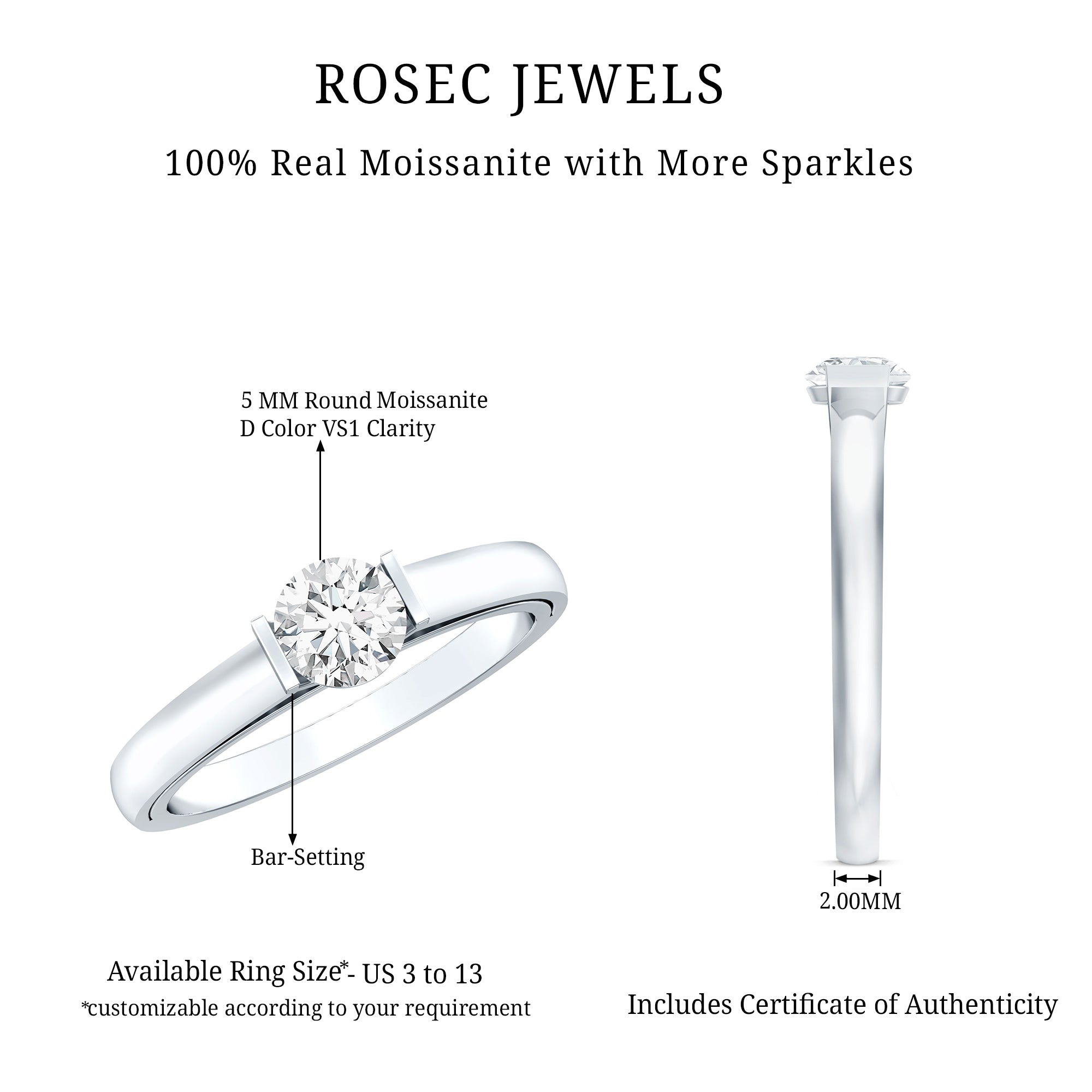 Bar Set Moissanite Solitaire Promise Ring D-VS1 - Rosec Jewels