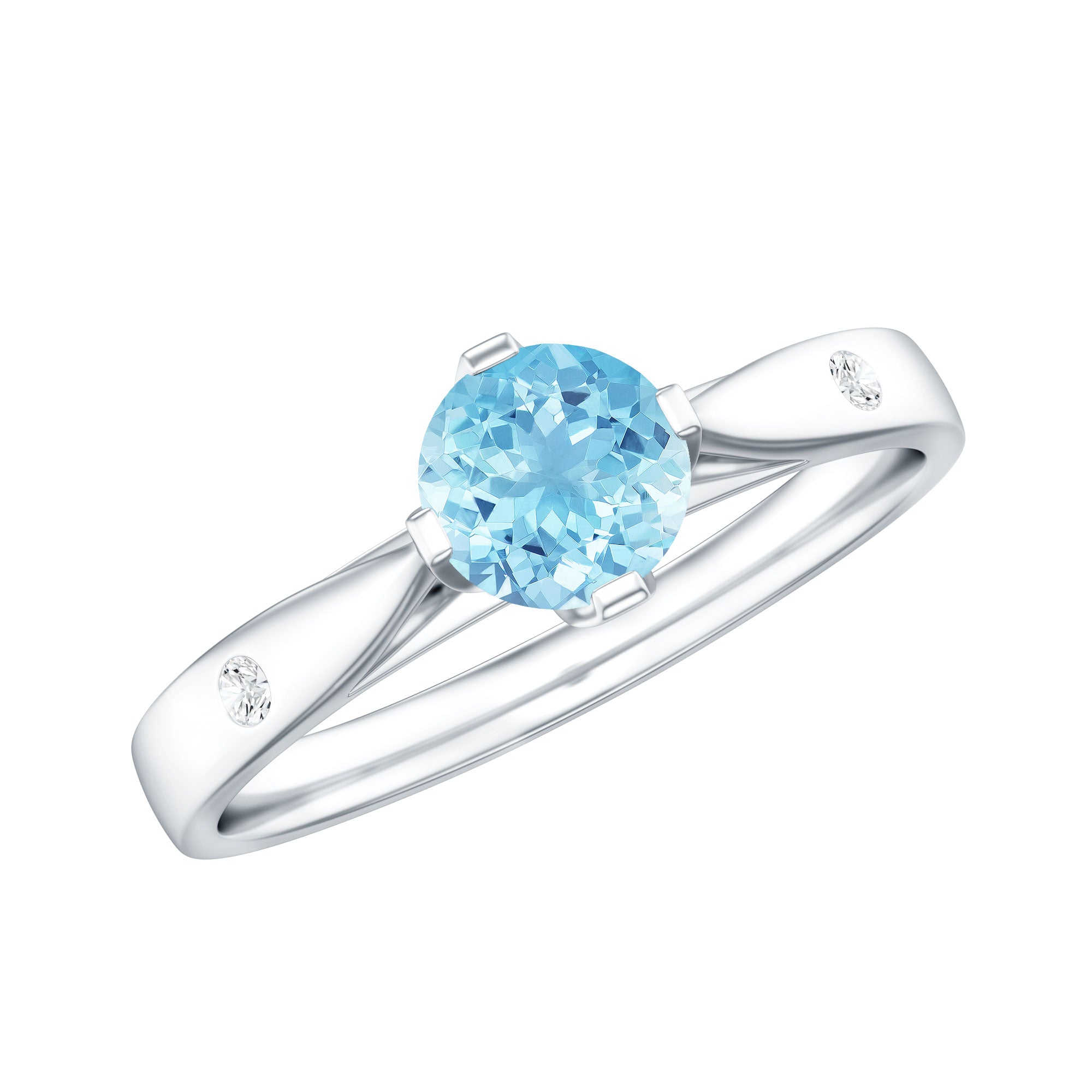 6 MM Certified Aquamarine Solitaire Promise Ring with Diamond AAA - Rosec Jewels