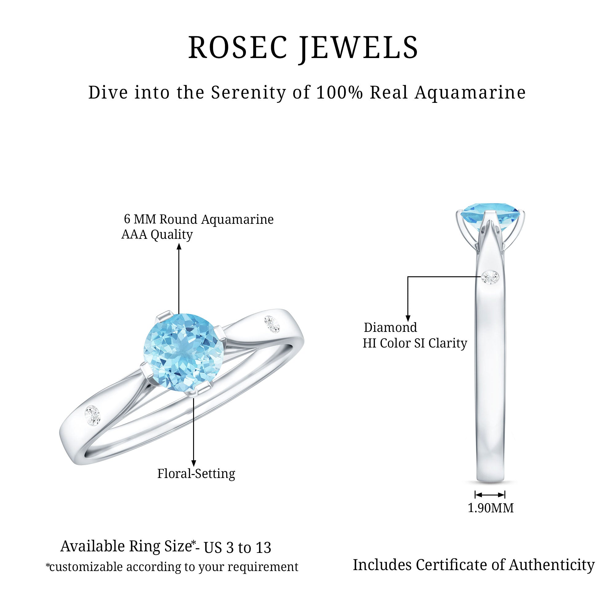 6 MM Certified Aquamarine Solitaire Promise Ring with Diamond AAA - Rosec Jewels