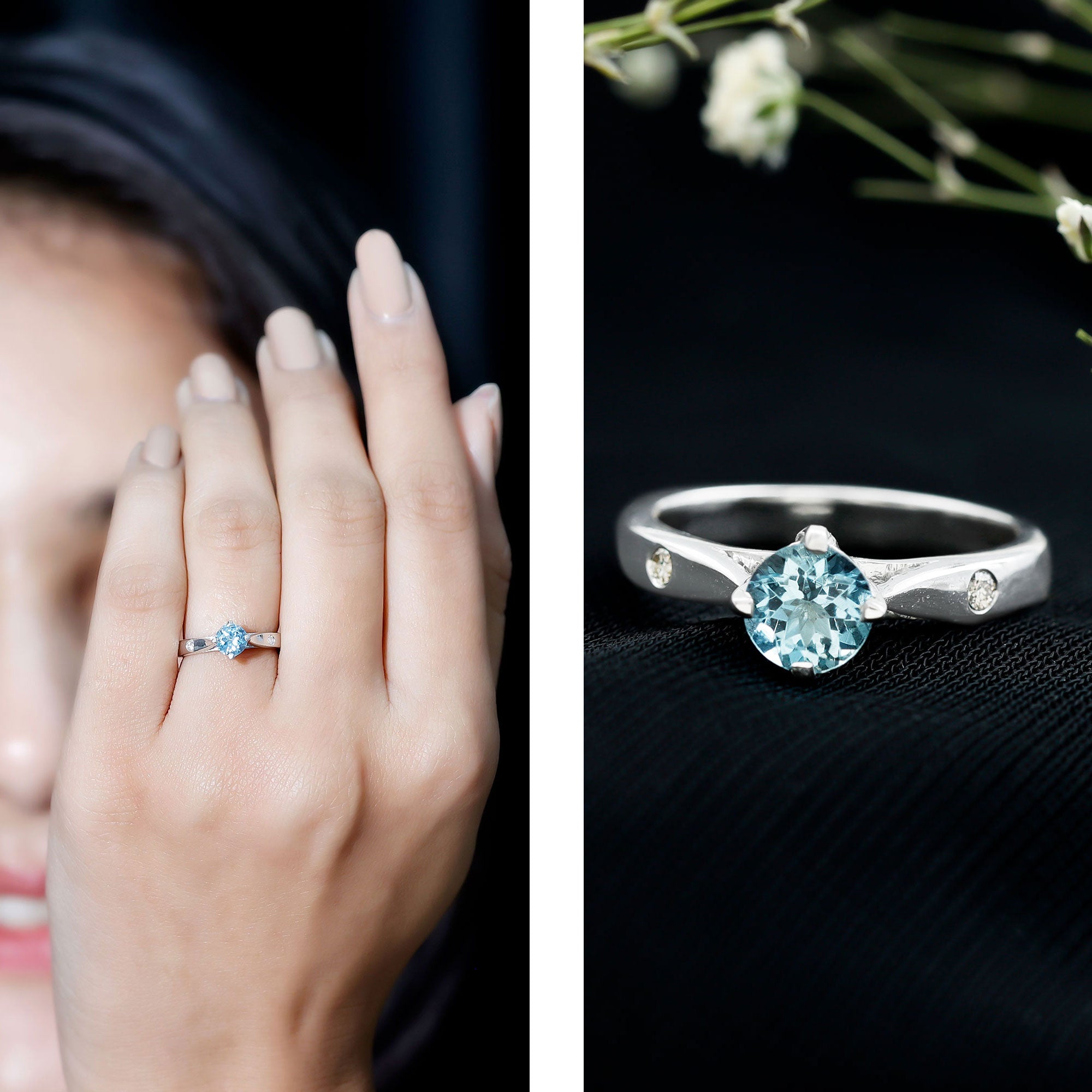 6 MM Certified Aquamarine Solitaire Promise Ring with Diamond AAA - Rosec Jewels