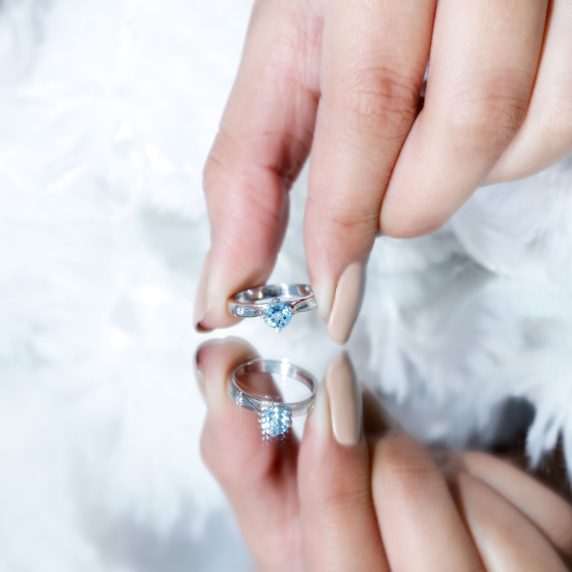 6 MM Certified Aquamarine Solitaire Promise Ring with Diamond AAA - Rosec Jewels