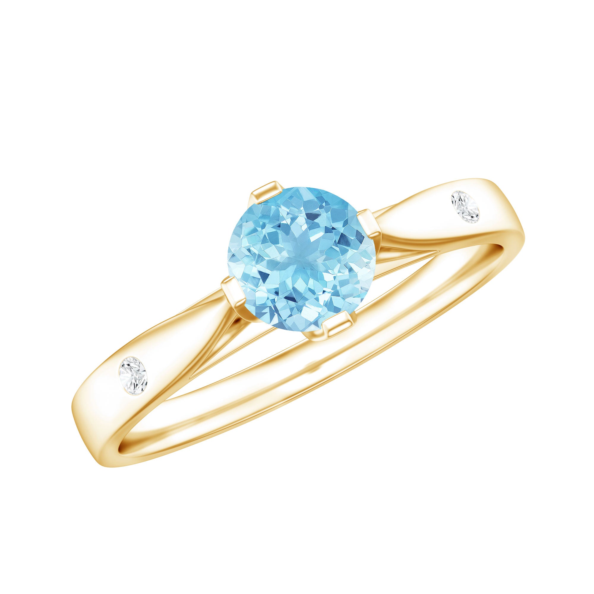 6 MM Certified Aquamarine Solitaire Promise Ring with Diamond AAA - Rosec Jewels
