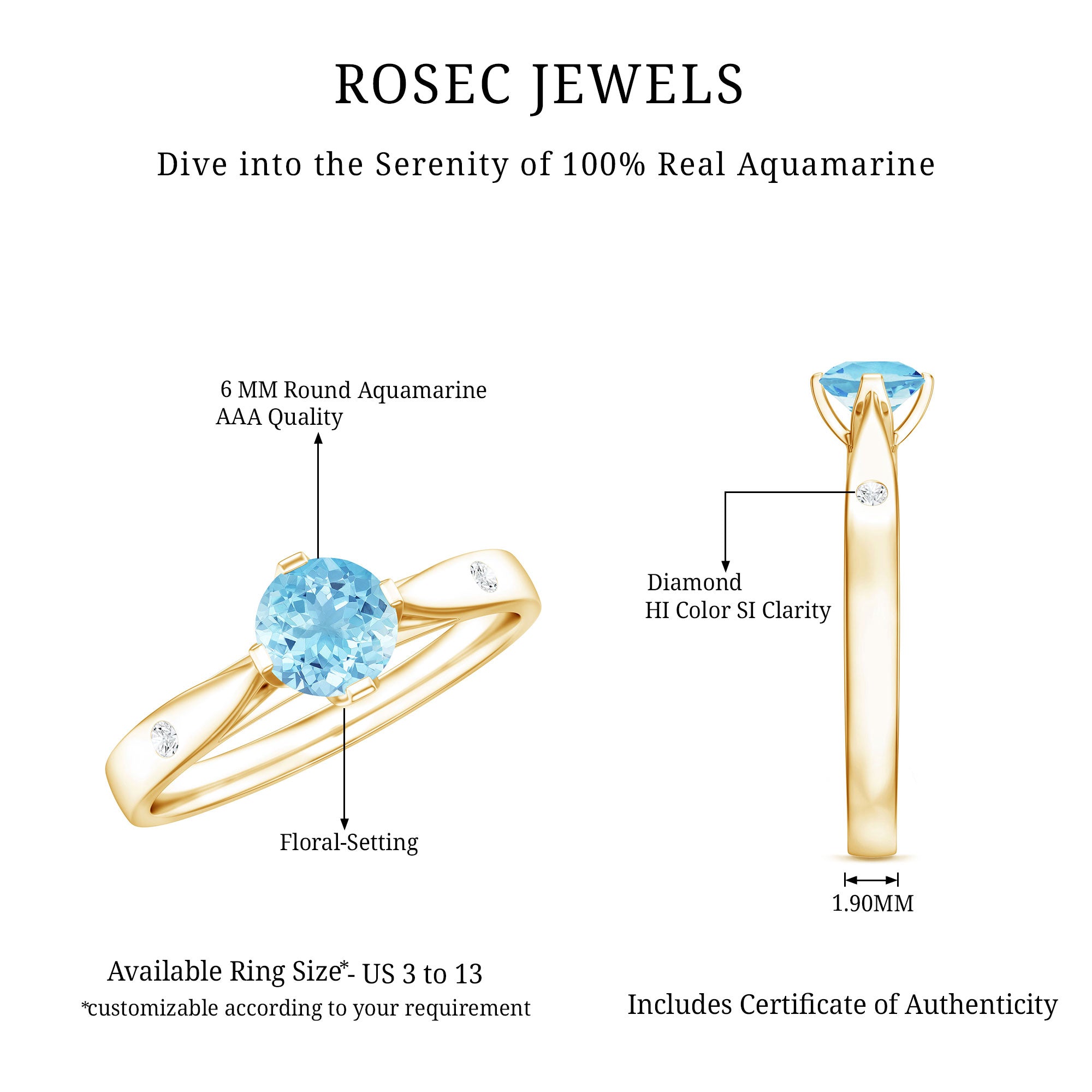 6 MM Certified Aquamarine Solitaire Promise Ring with Diamond AAA - Rosec Jewels