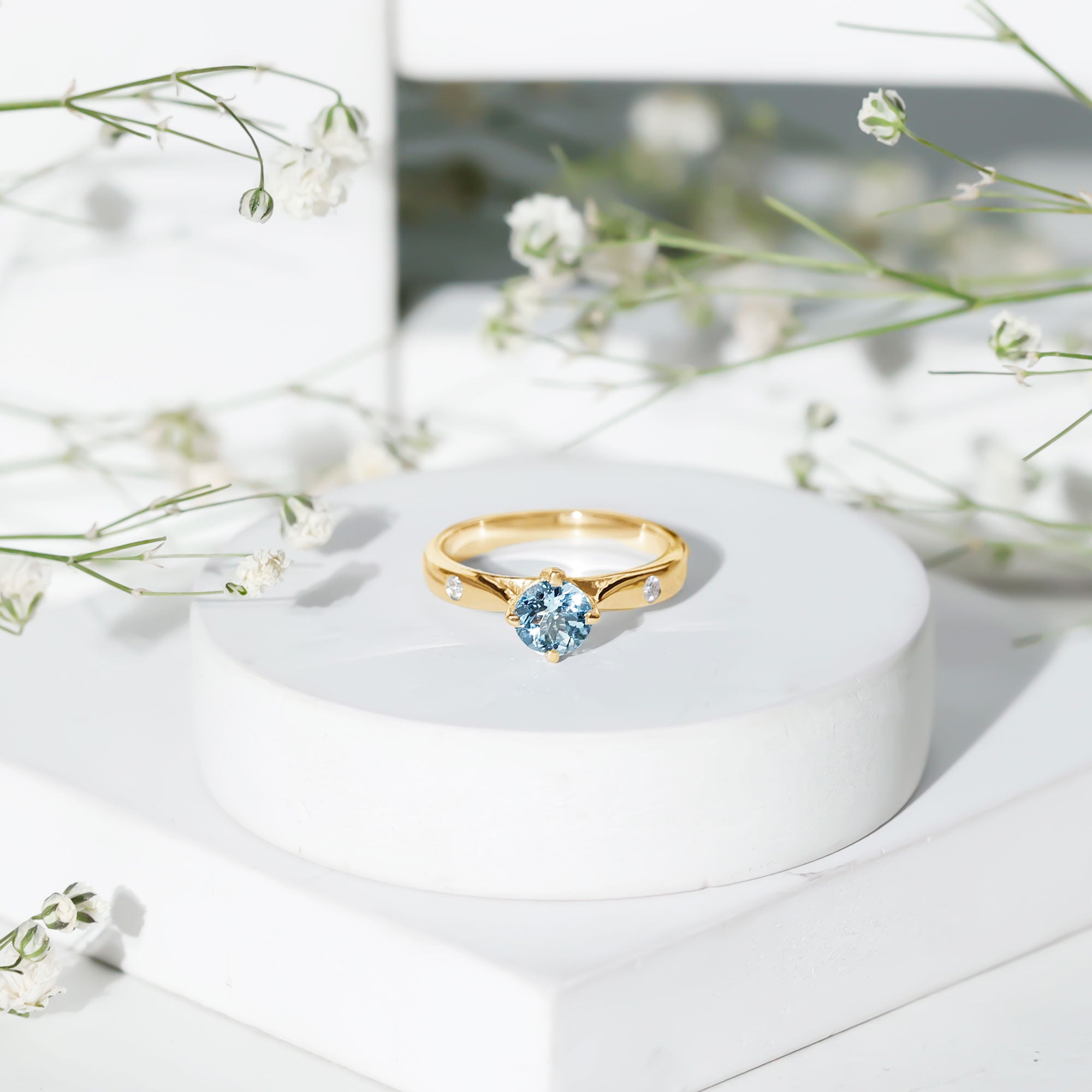 6 MM Certified Aquamarine Solitaire Promise Ring with Diamond AAA - Rosec Jewels