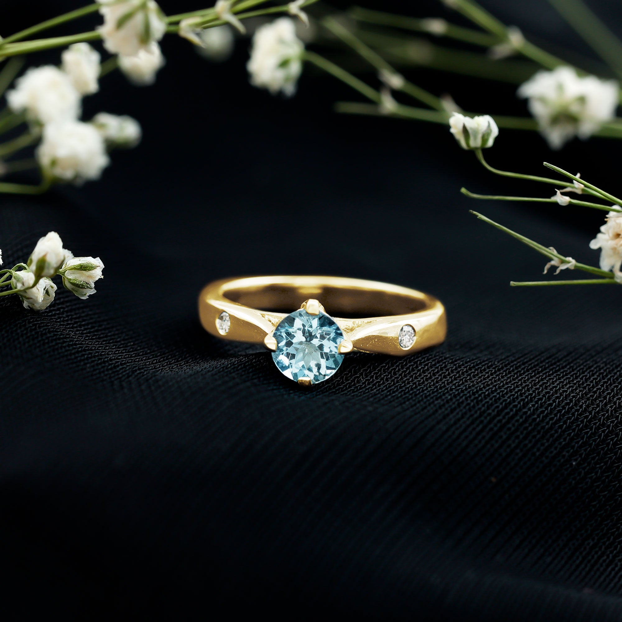 6 MM Certified Aquamarine Solitaire Promise Ring with Diamond AAA - Rosec Jewels
